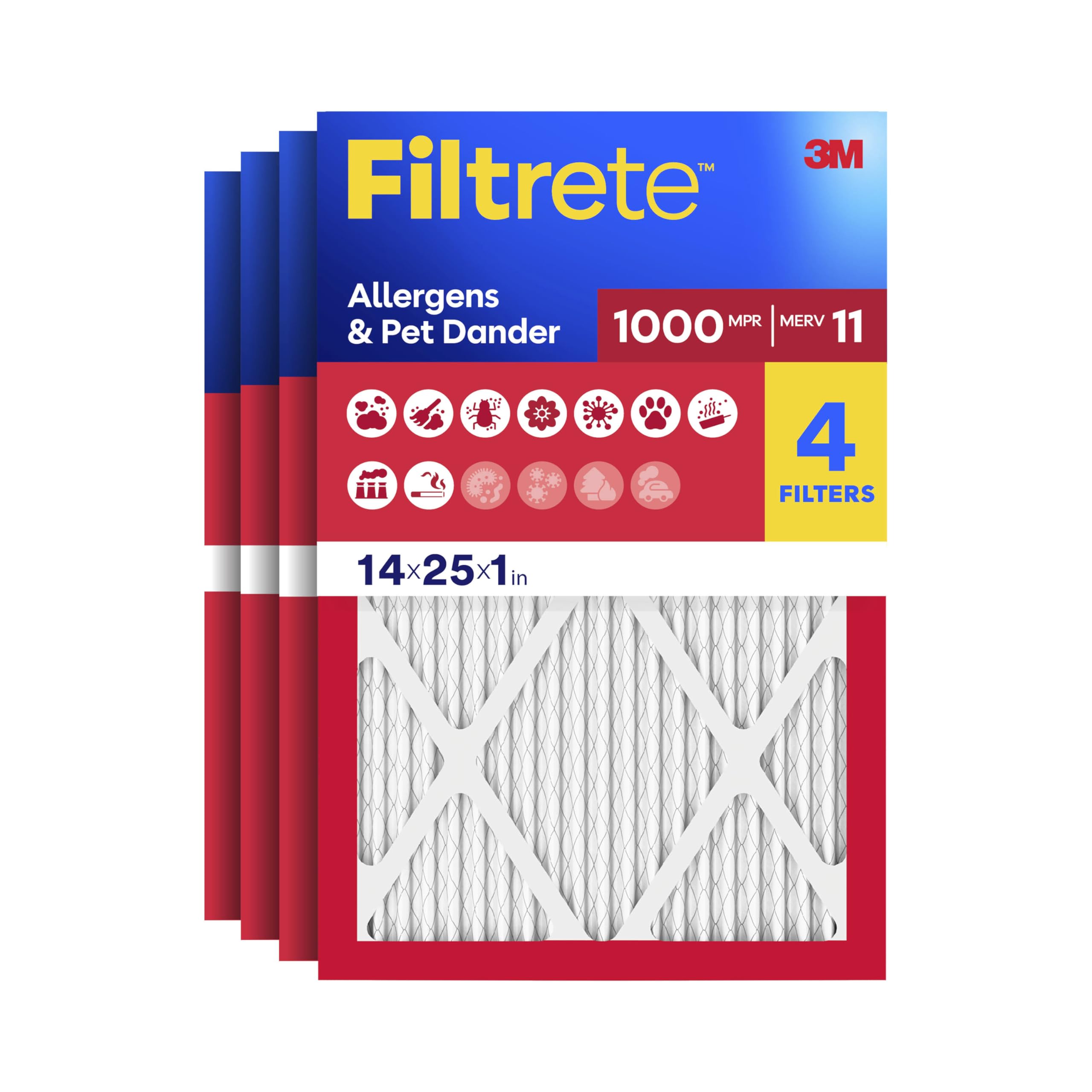 Filtrete front packaging showing four-pack and product benefit