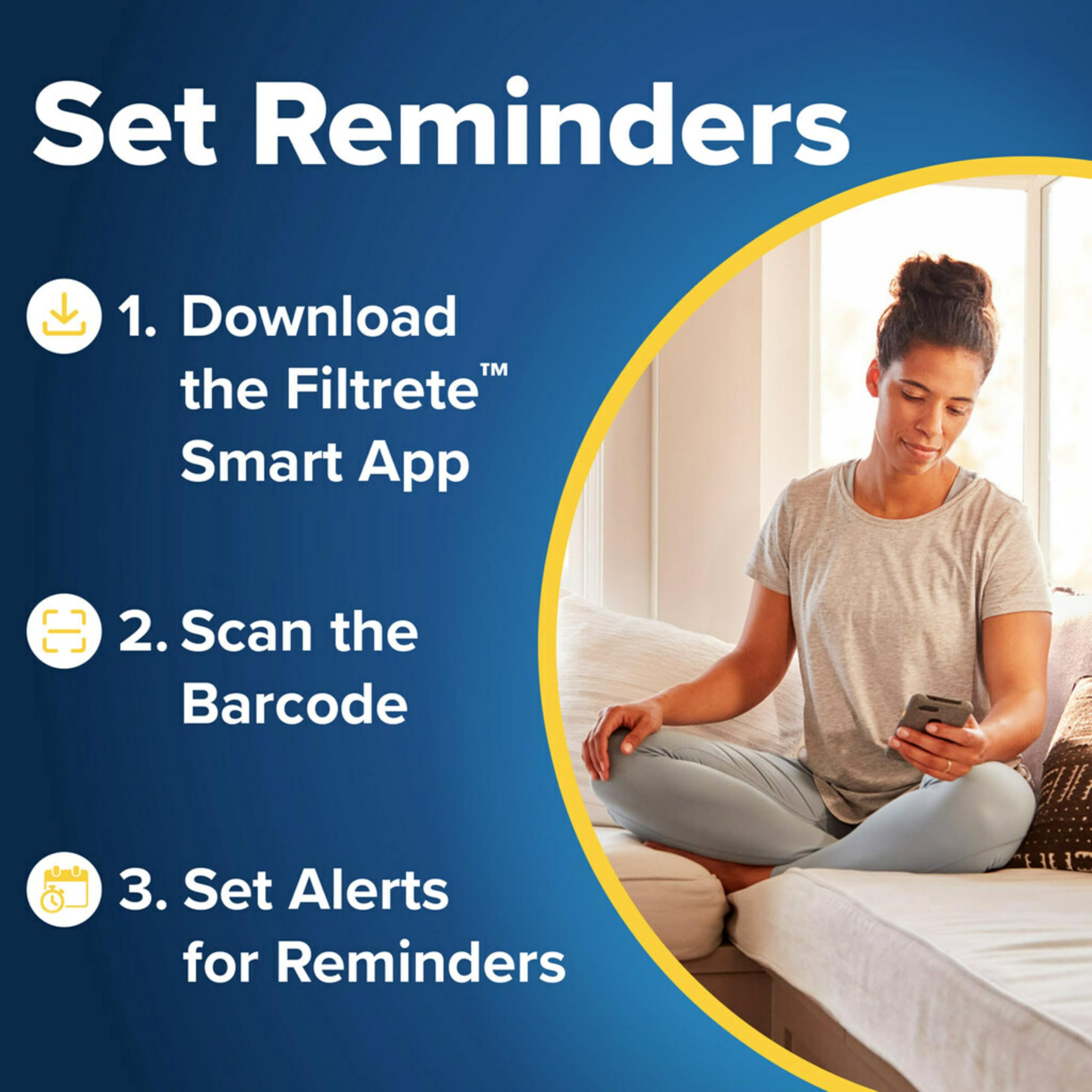 Filtrete pack beside smartphone illustrating app reminder benefit