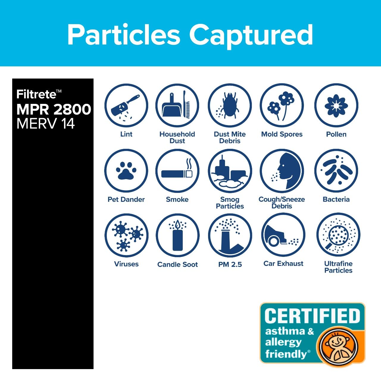 Filtrete side label with specifications and MERV 14 clarity benefit