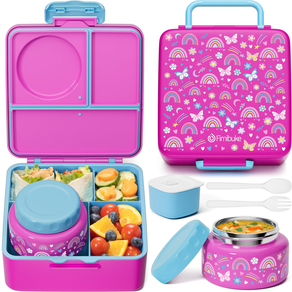 Fimibuke front view showing leakproof lid and colorful design for easy identification