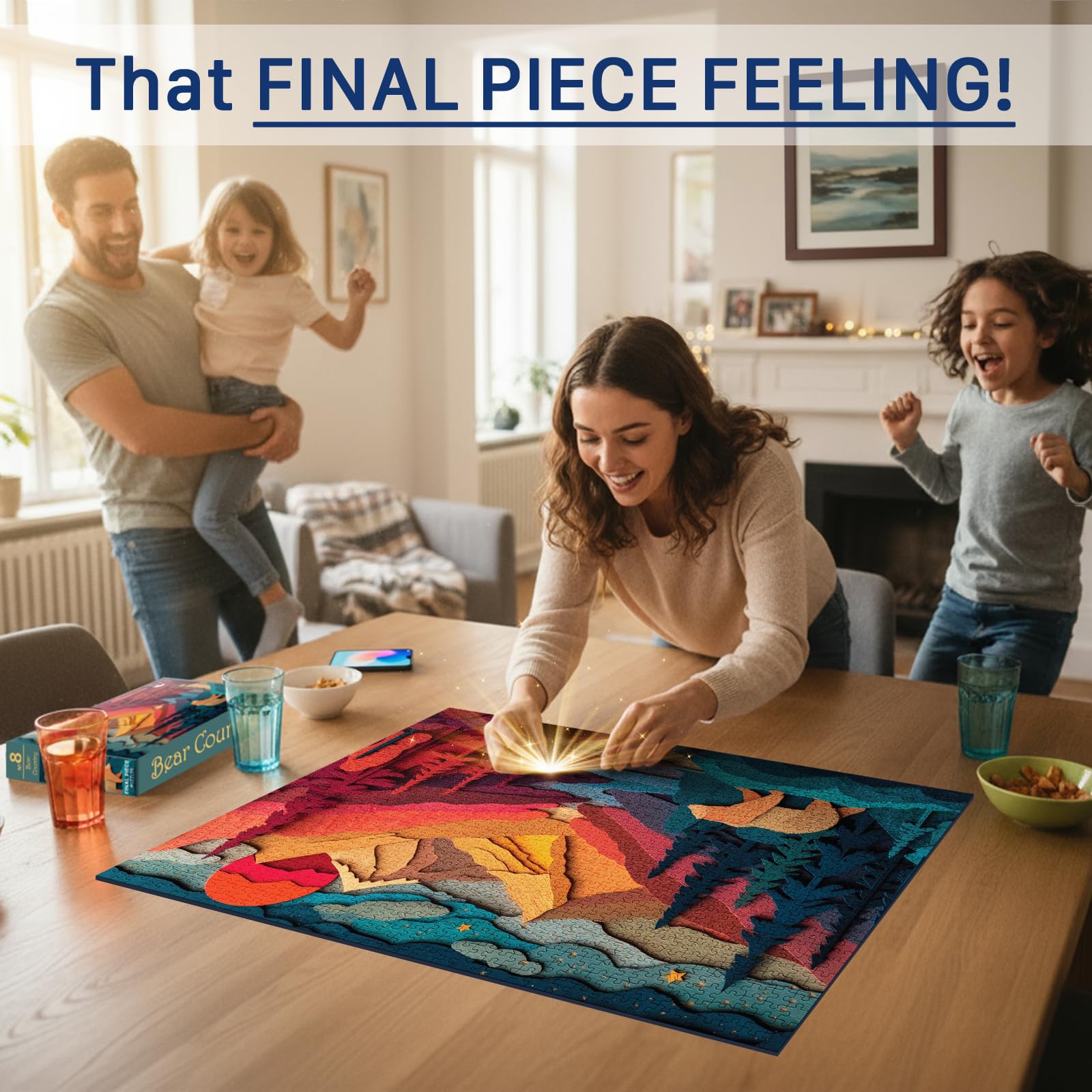 Final Piece people assembling puzzle on coffee table benefit: social activity and calm focus