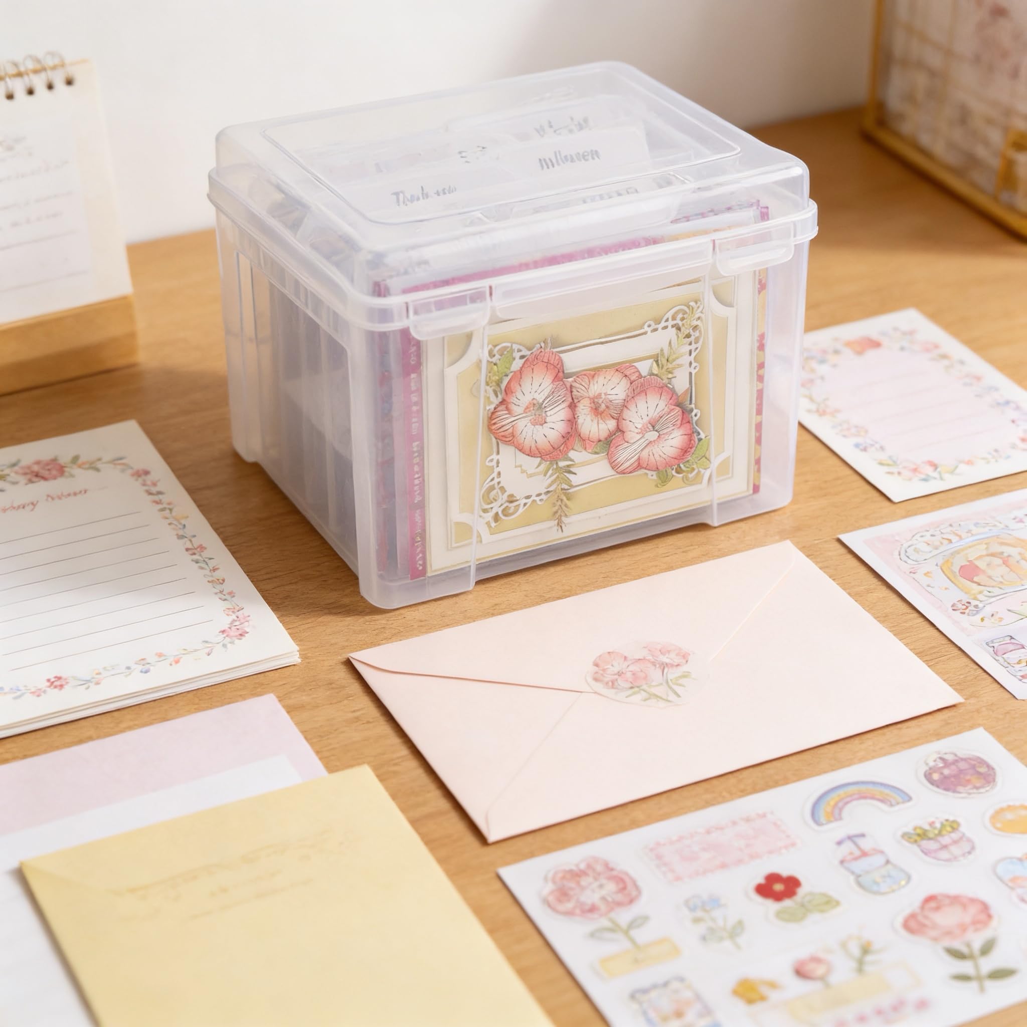 Find Scrapblooms on a craft table keeping cards and stickers neatly organized
