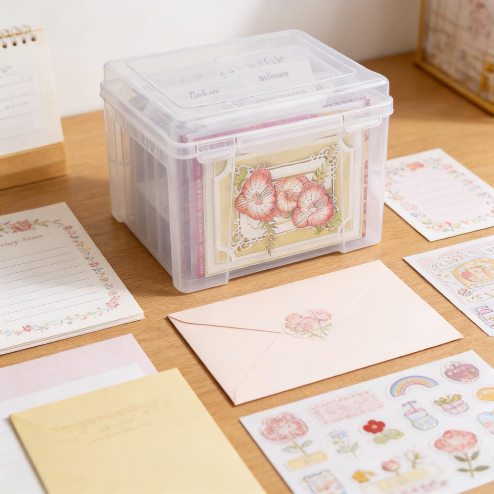 Find Scrapblooms on a craft table keeping cards and stickers neatly organized