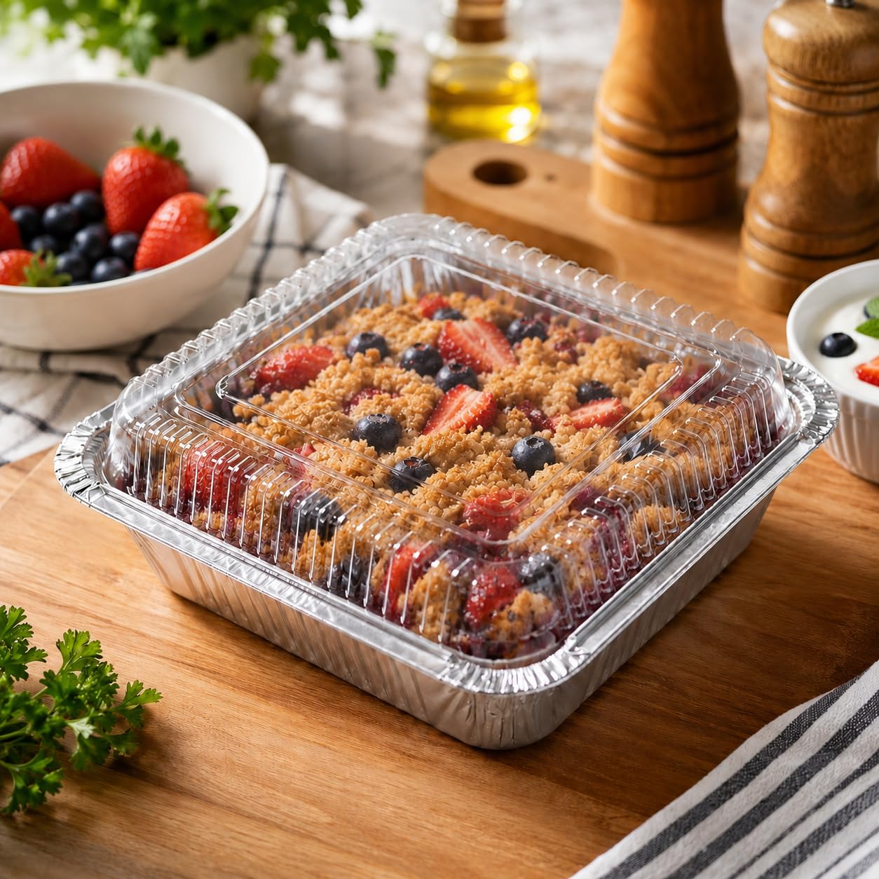 Findful clear lid sealed on pan showing spill protection during transport