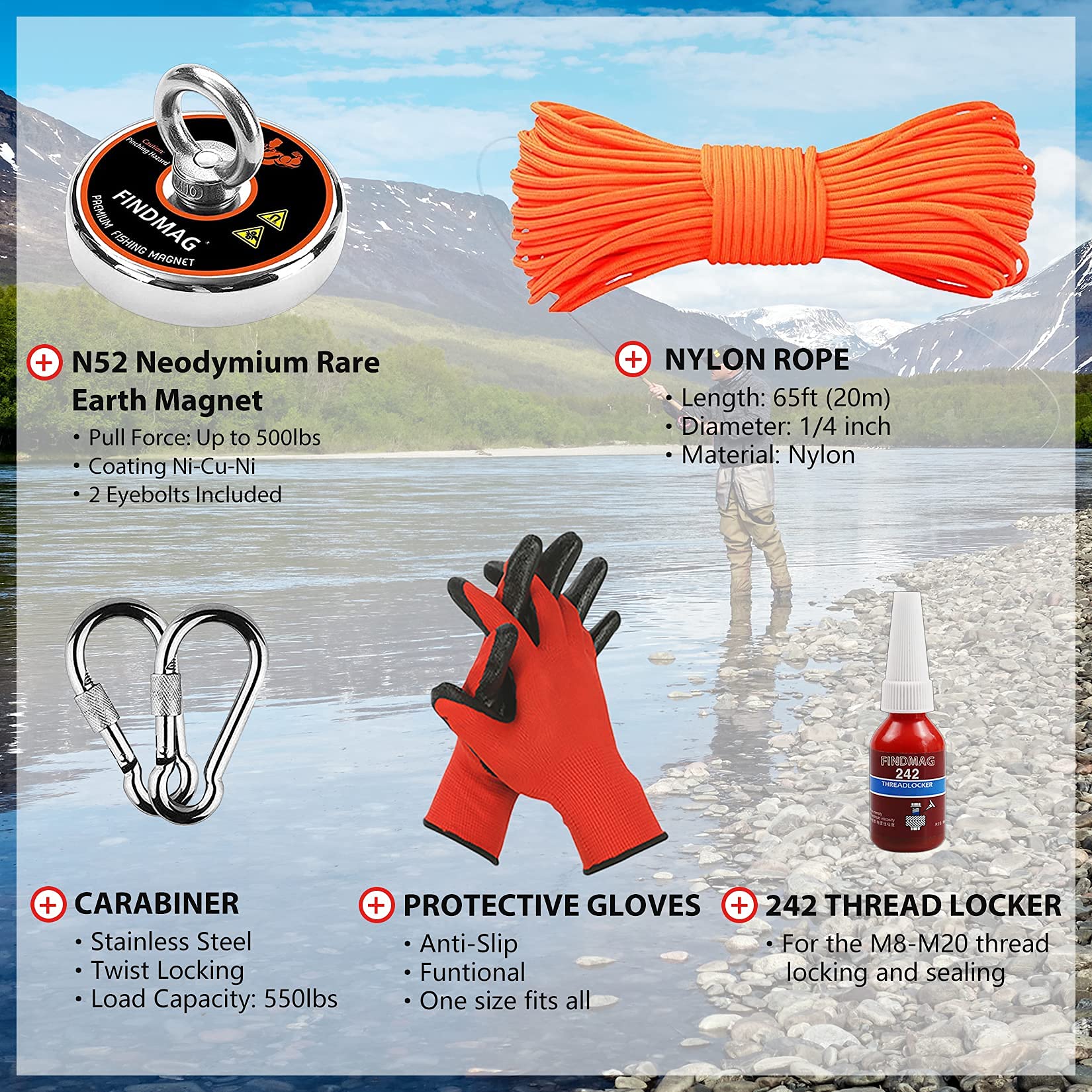 FINDMAG eyebolt and 242 threadlocker detail demonstrating secure assembly and safety