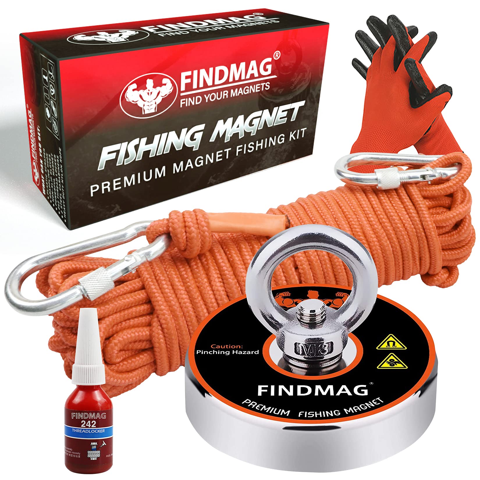 FINDMAG front packaging showing complete 500 lbs magnet kit and accessories for quick setup