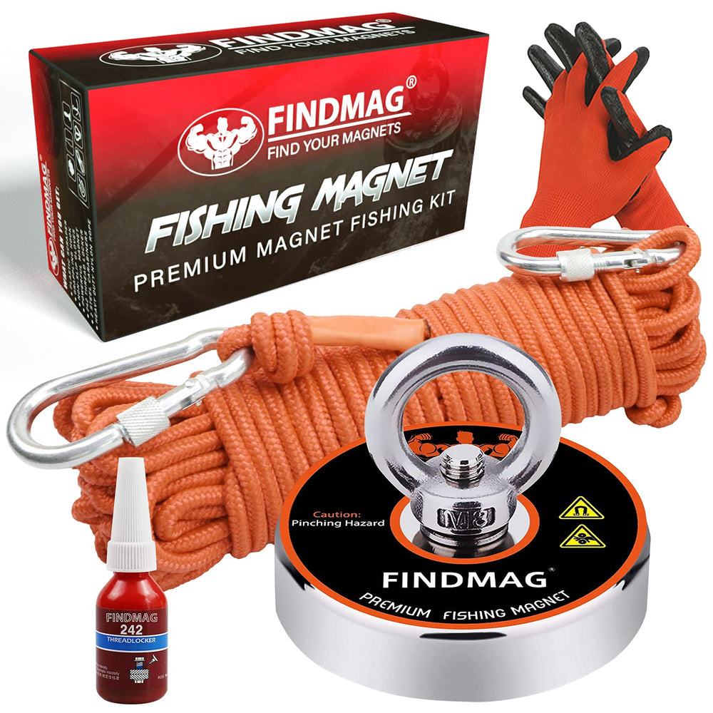 FINDMAG front packaging showing complete 500 lbs magnet kit and accessories for quick setup