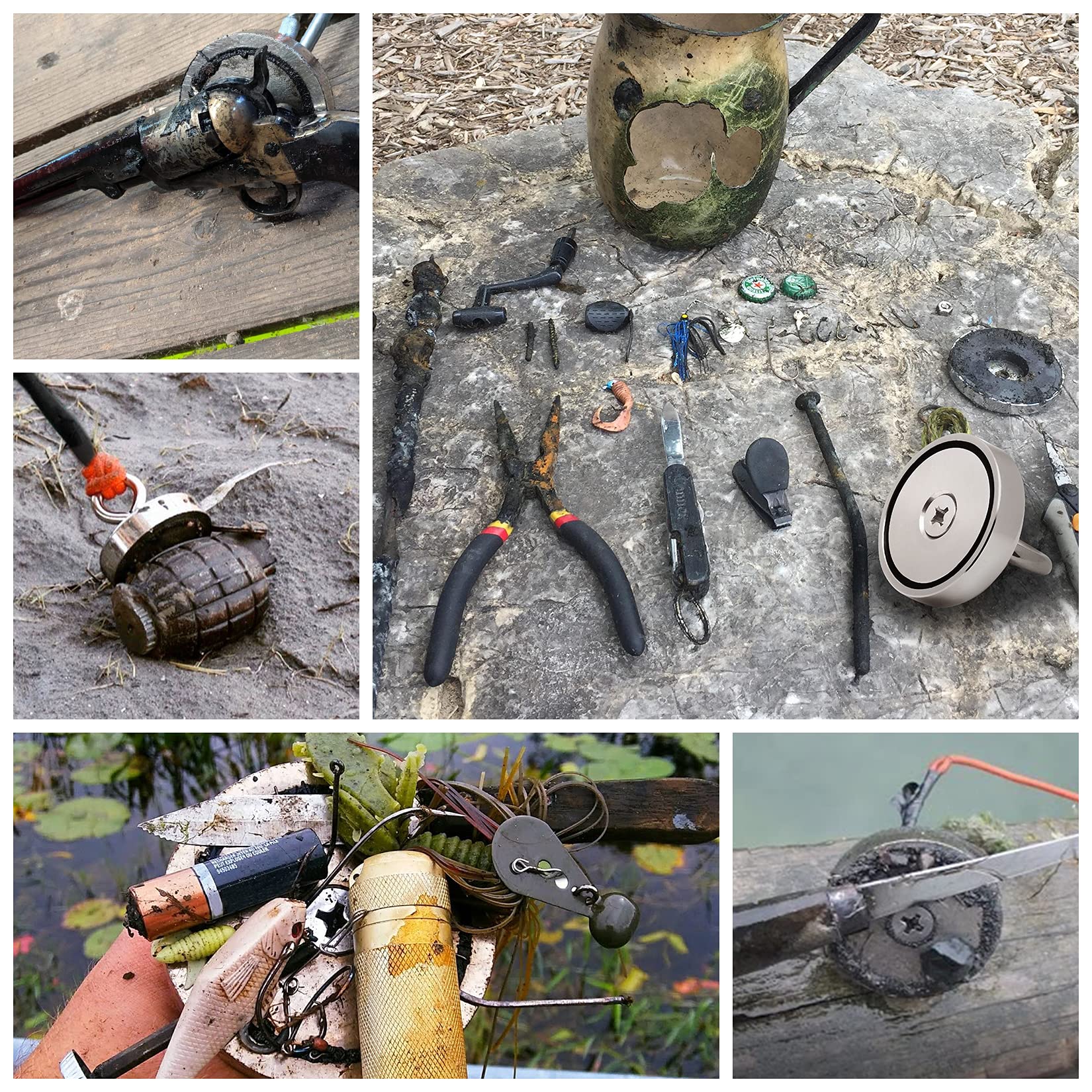 FINDMAG magnet attached to recovered metal near riverbank showing effective treasure recovery