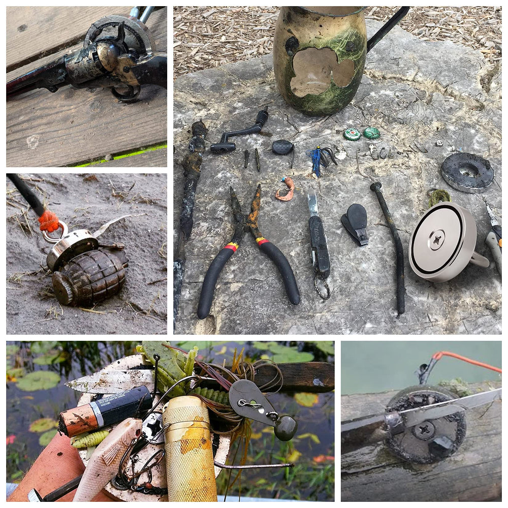 FINDMAG magnet attached to recovered metal near riverbank showing effective treasure recovery