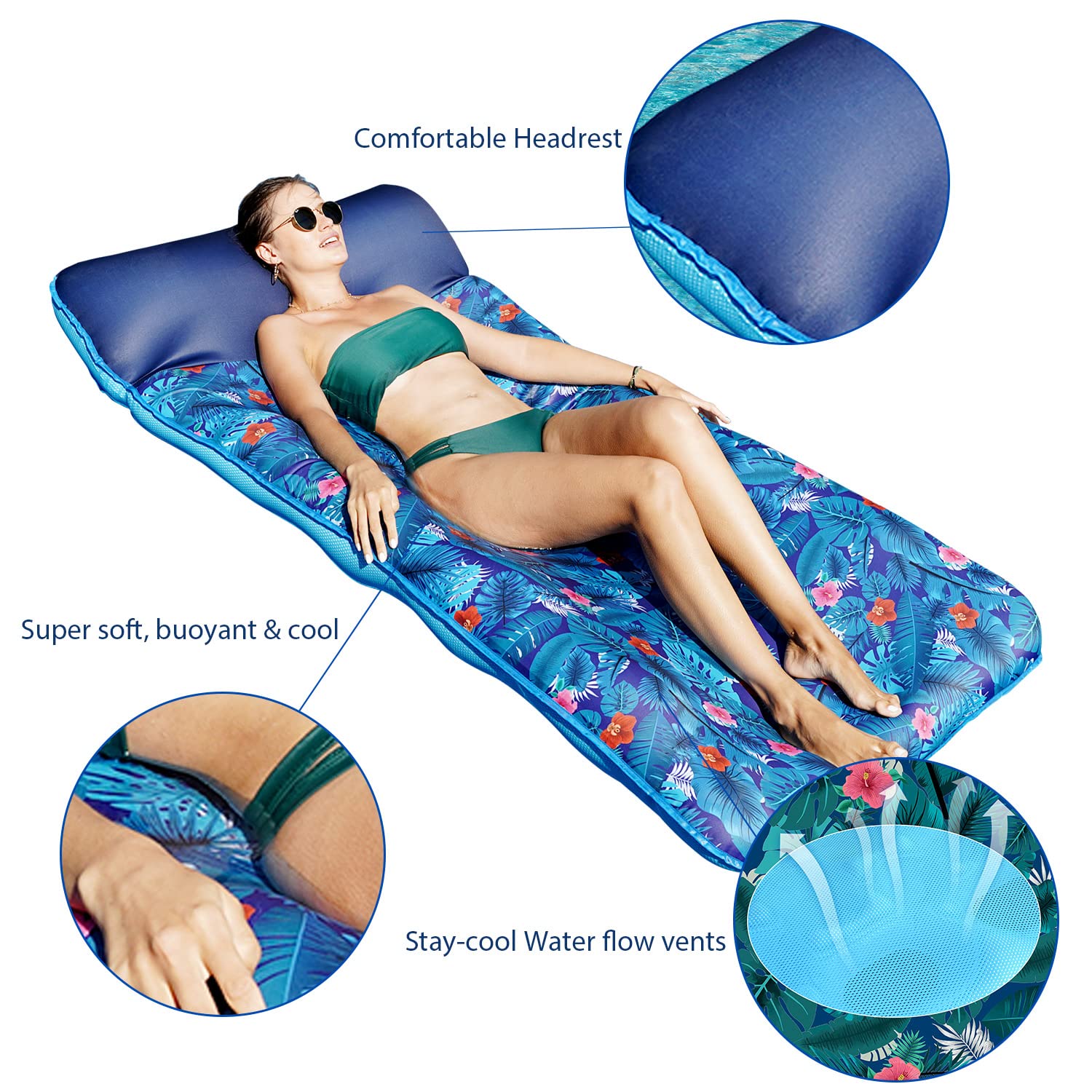 FindUWill inflated float in pool demonstrating stable lounging benefit