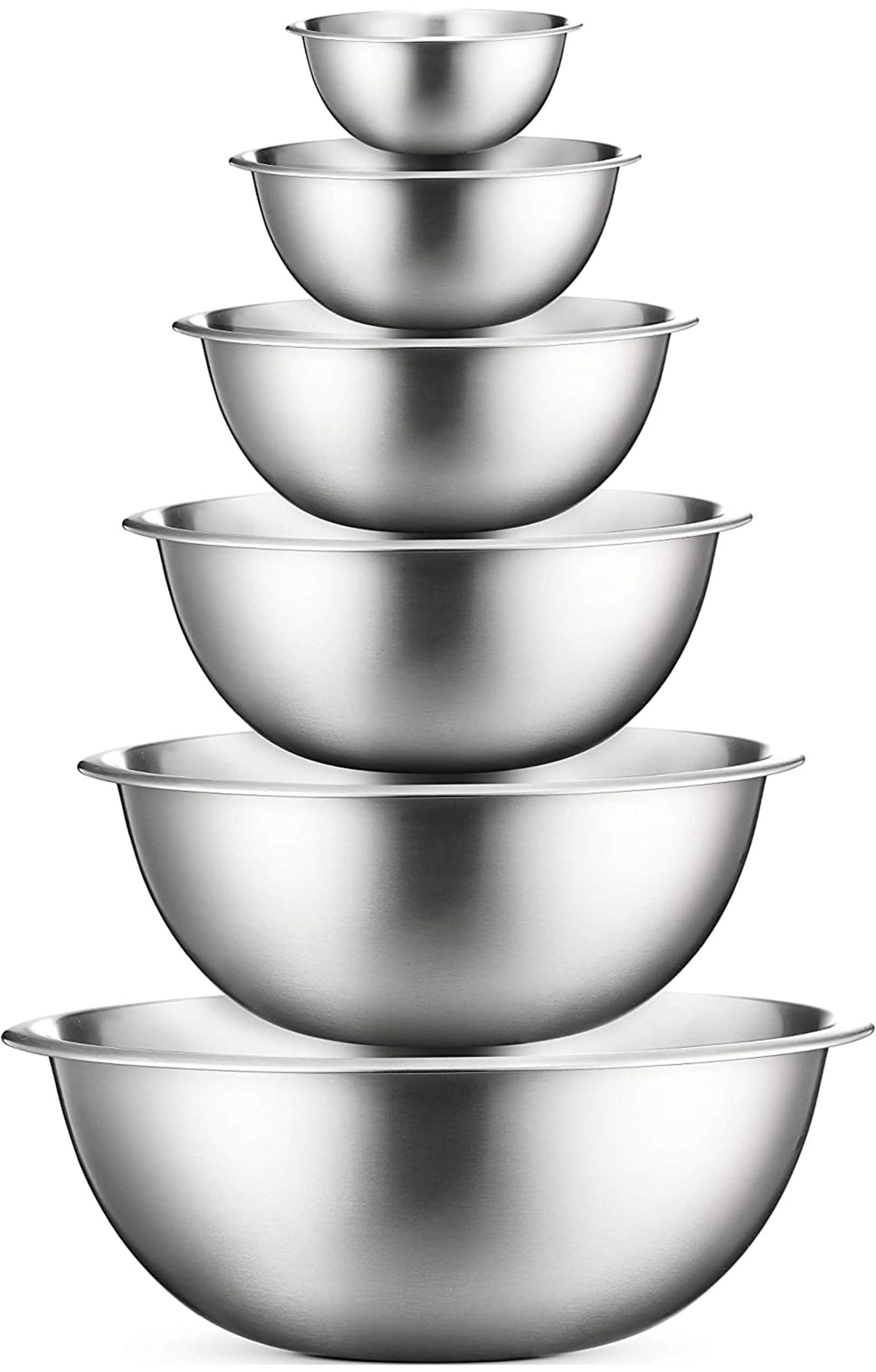 FineDine mixing bowls set front view showing all six sizes and polished finish benefits