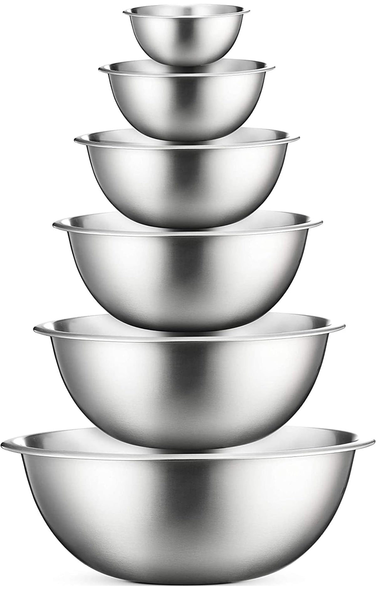 FineDine mixing bowls set front view showing all six sizes and polished finish benefits