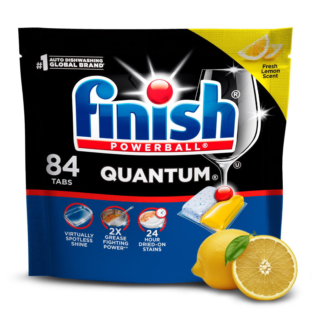 Finish Quantum lemon front packaging showing 84-count and benefits
