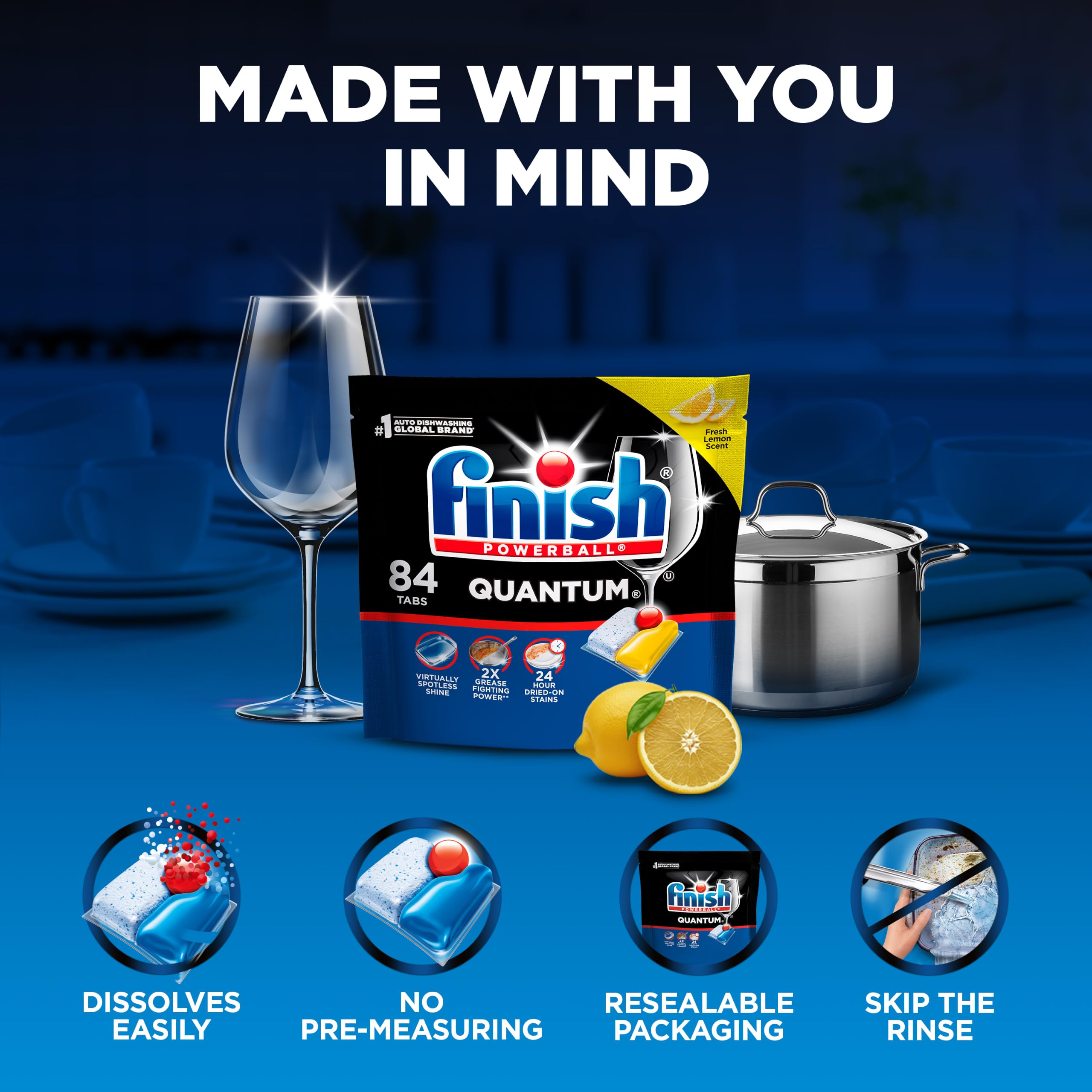 Finish Quantum lemon sparkling wine glasses demonstrating clearer, spot-free shine