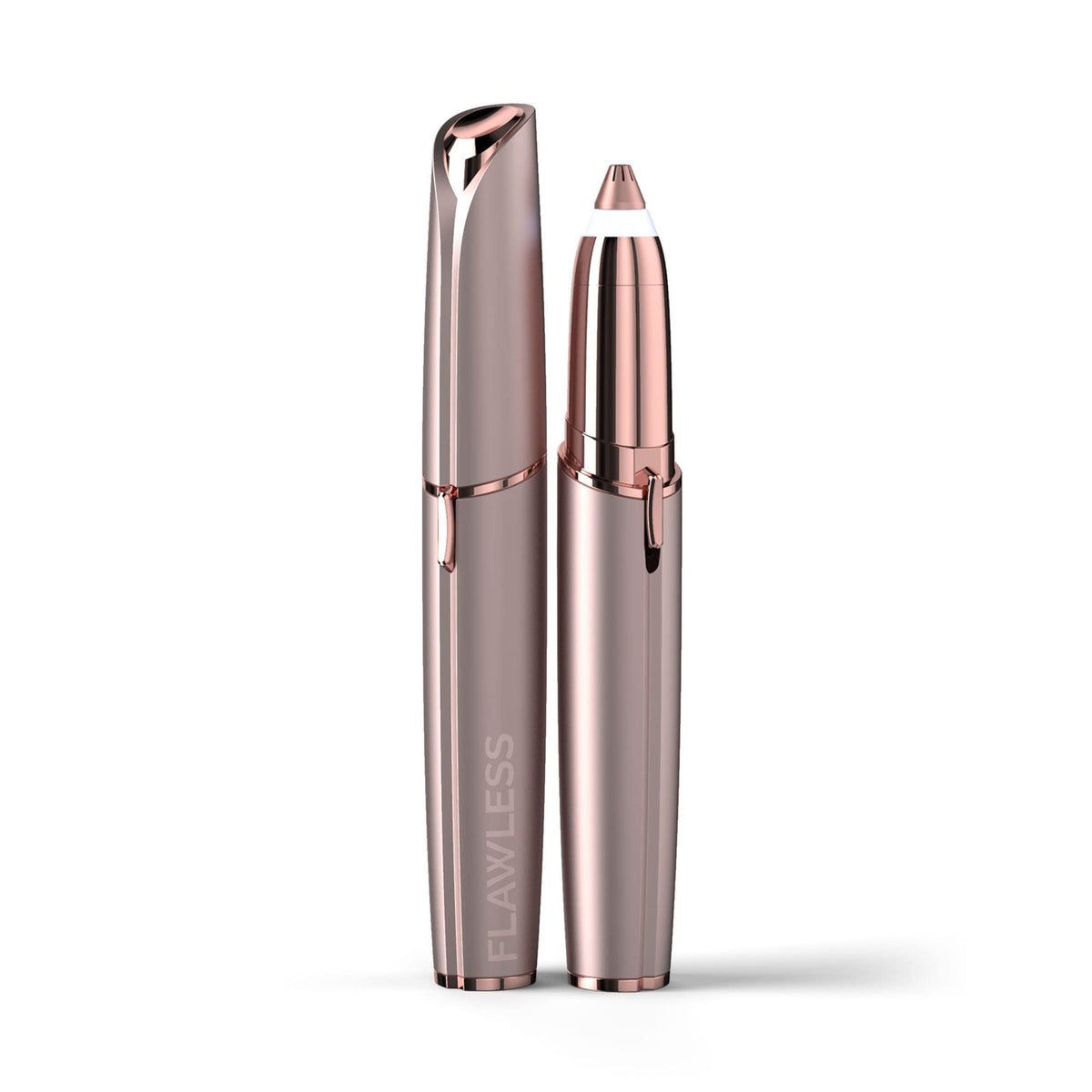 Finishing Touch front view showing compact electric eyebrow remover and benefits