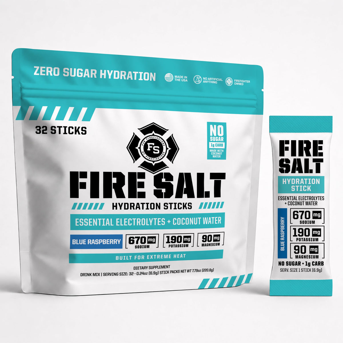 Fire Science Nutrition front box showing Blue Raspberry 32-count and convenience