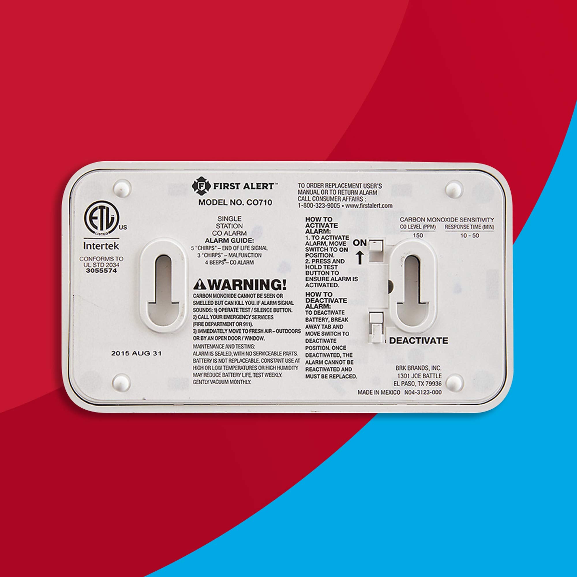 First Alert CO710 label showing sealed 10-year battery and UL markings for reliability