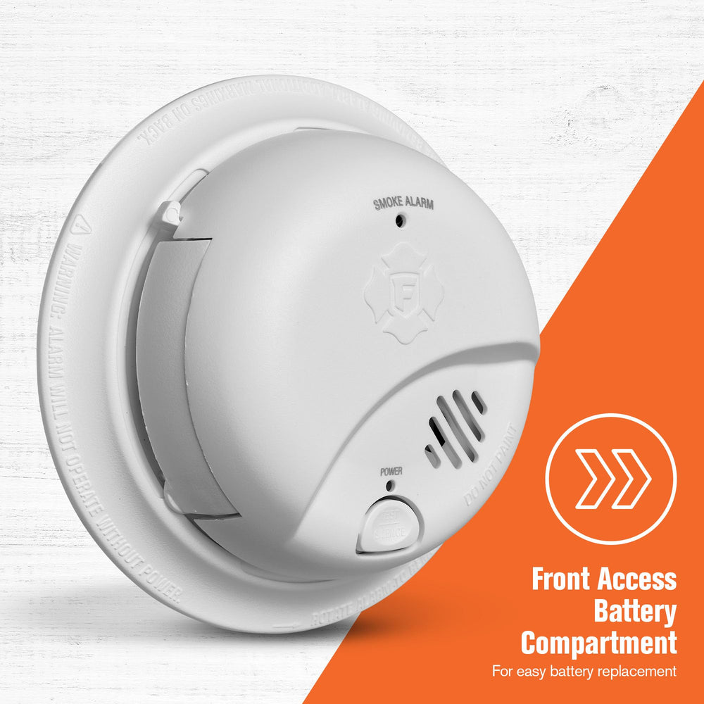 First Alert front-access battery compartment open for quick battery replacement benefit