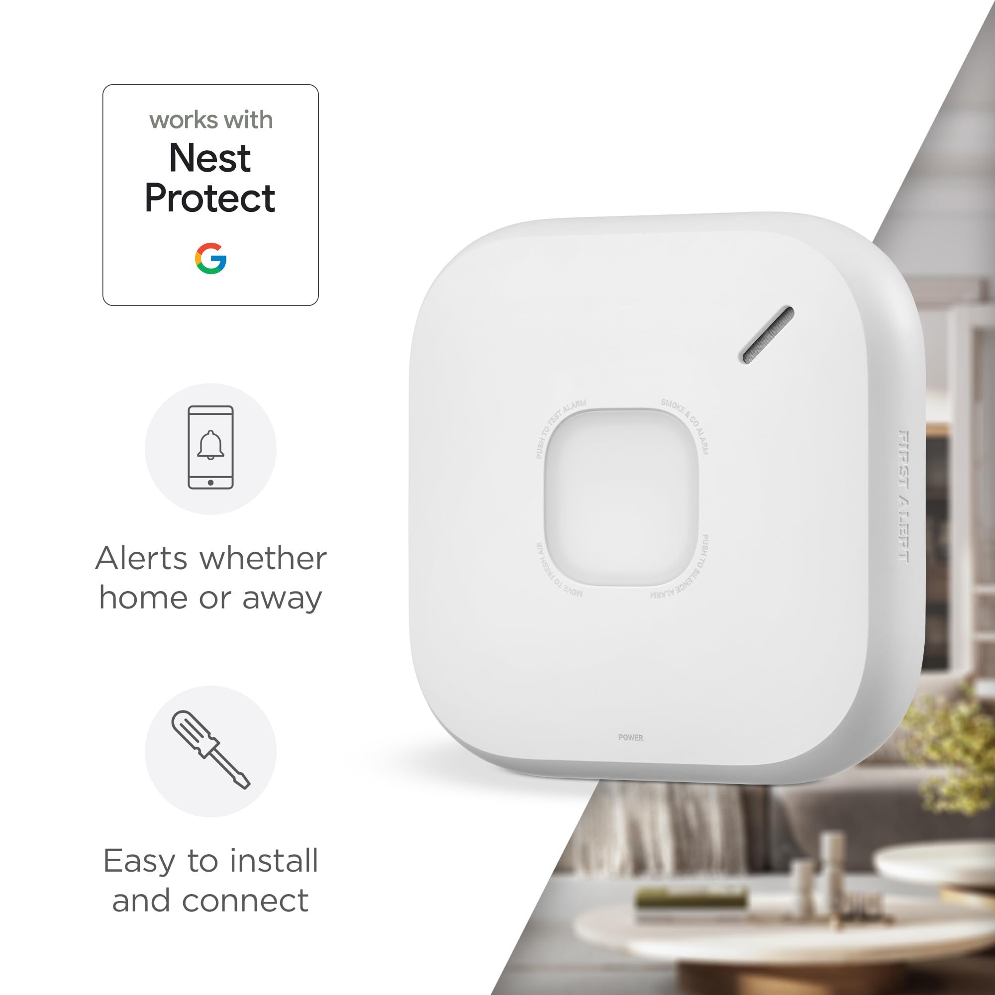 First Alert SC5 sensor close-up highlighting detection ports and reduced nuisance alarms benefit