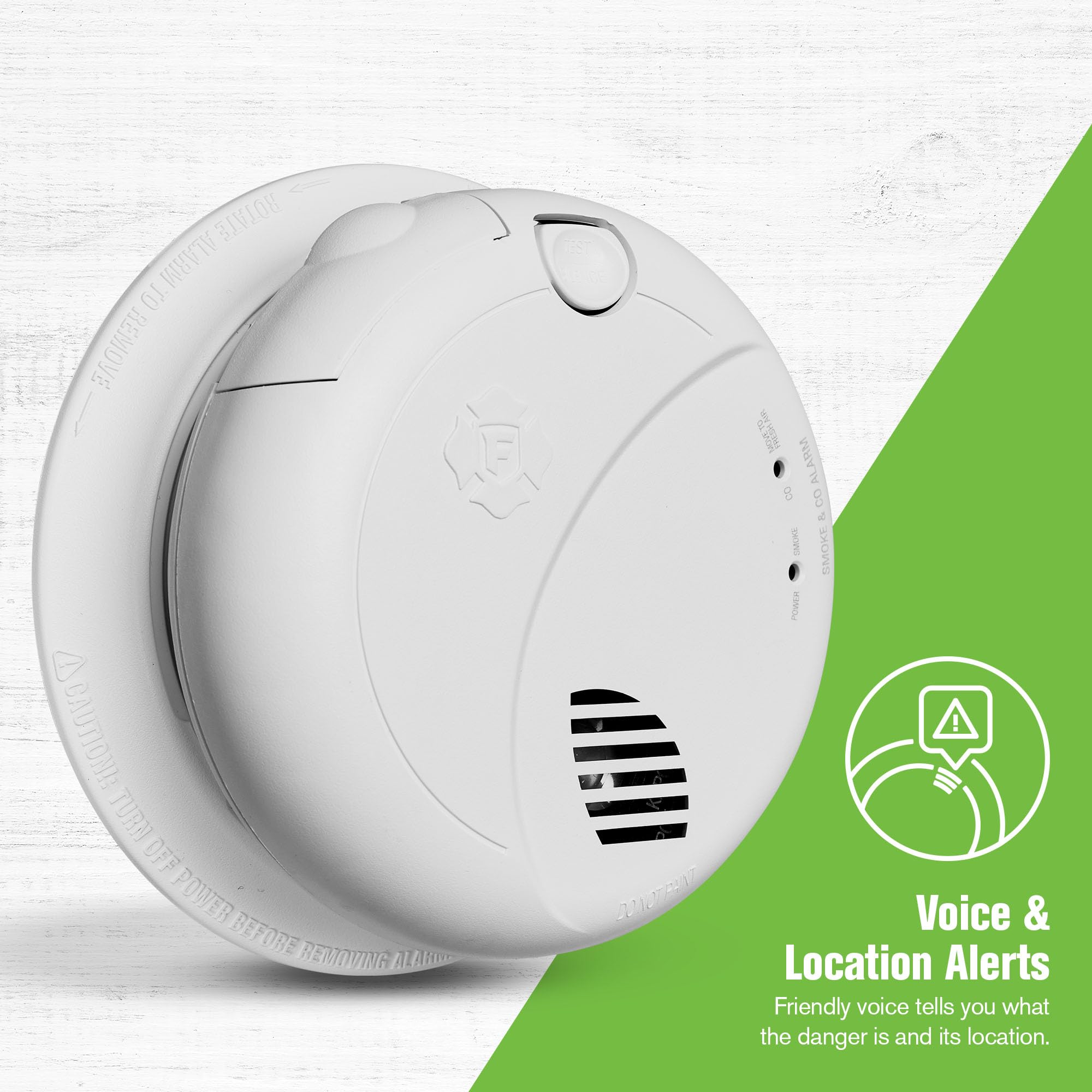 First Alert close-up of voice label highlighting spoken location guidance