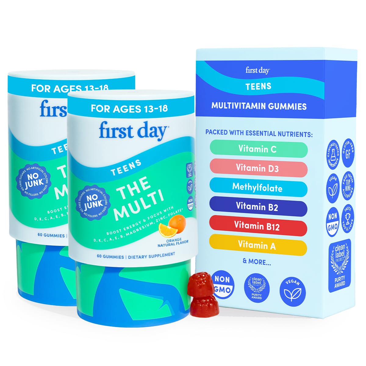 FIRST DAY front packaging showing teen multivitamin gummies and benefits