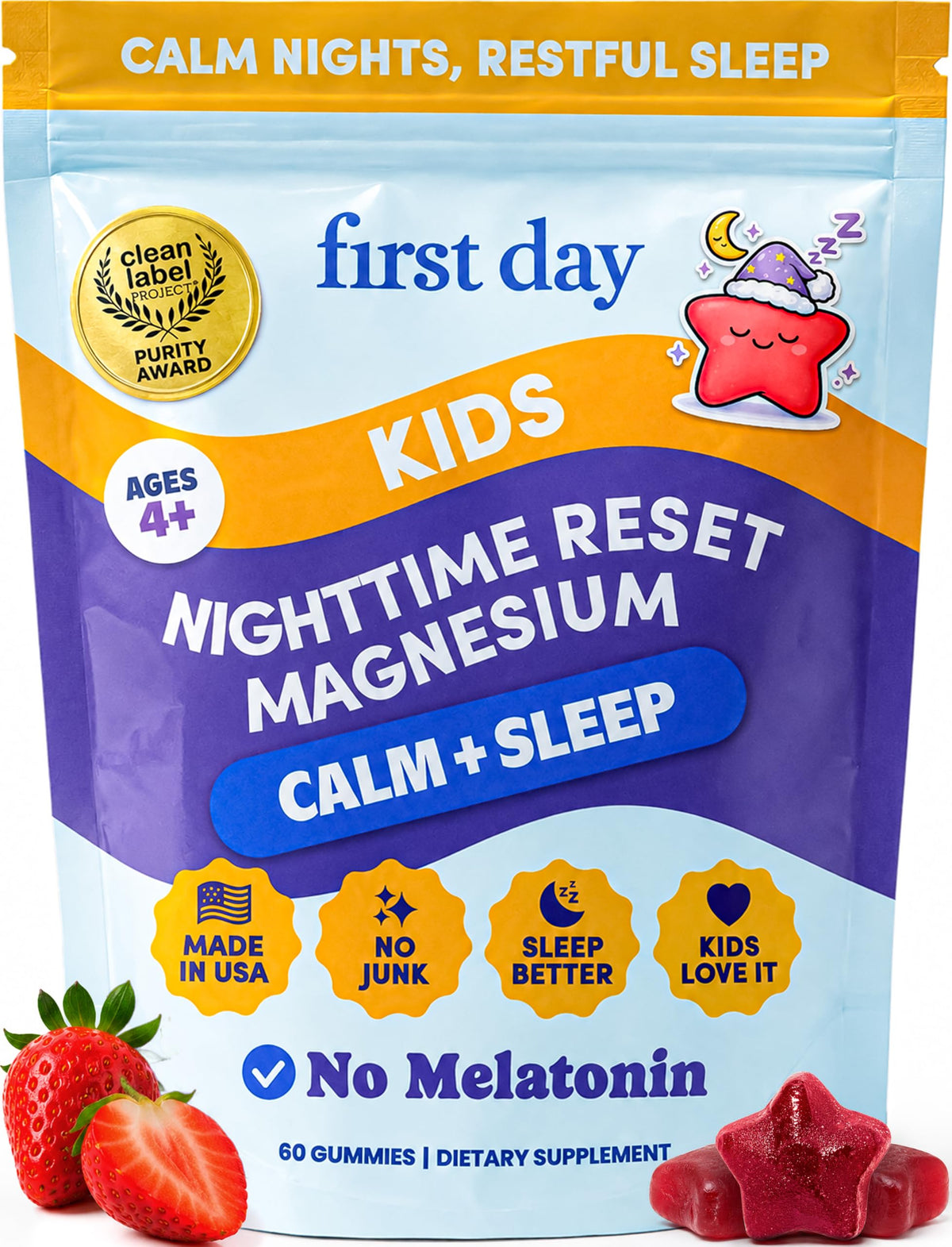 FIRST DAY front packaging showing calm magnesium gummies and benefits