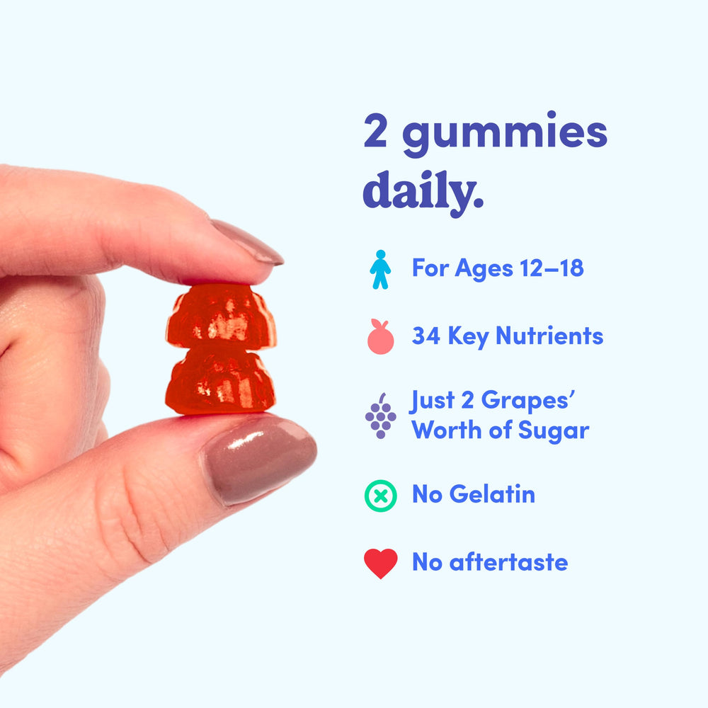 FIRST DAY gummies stored in backpack pocket for on-the-go teen nutrition
