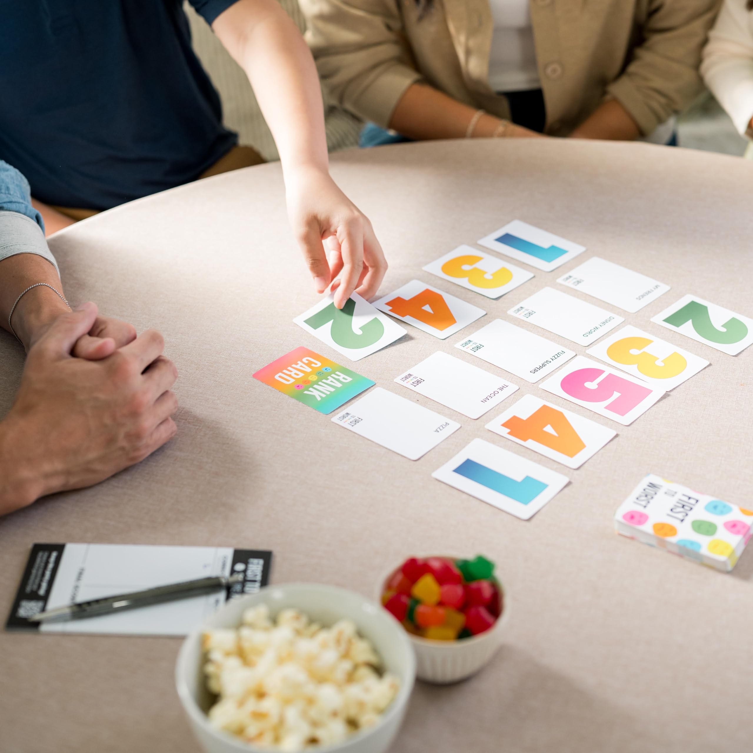 FIRST TO WORST sample card topics visible, highlighting varied conversation starters