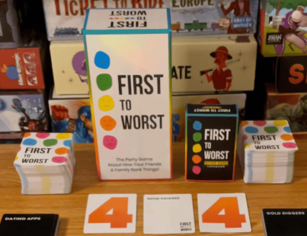 FIRST TO WORST family around table playing, illustrating multigenerational fun
