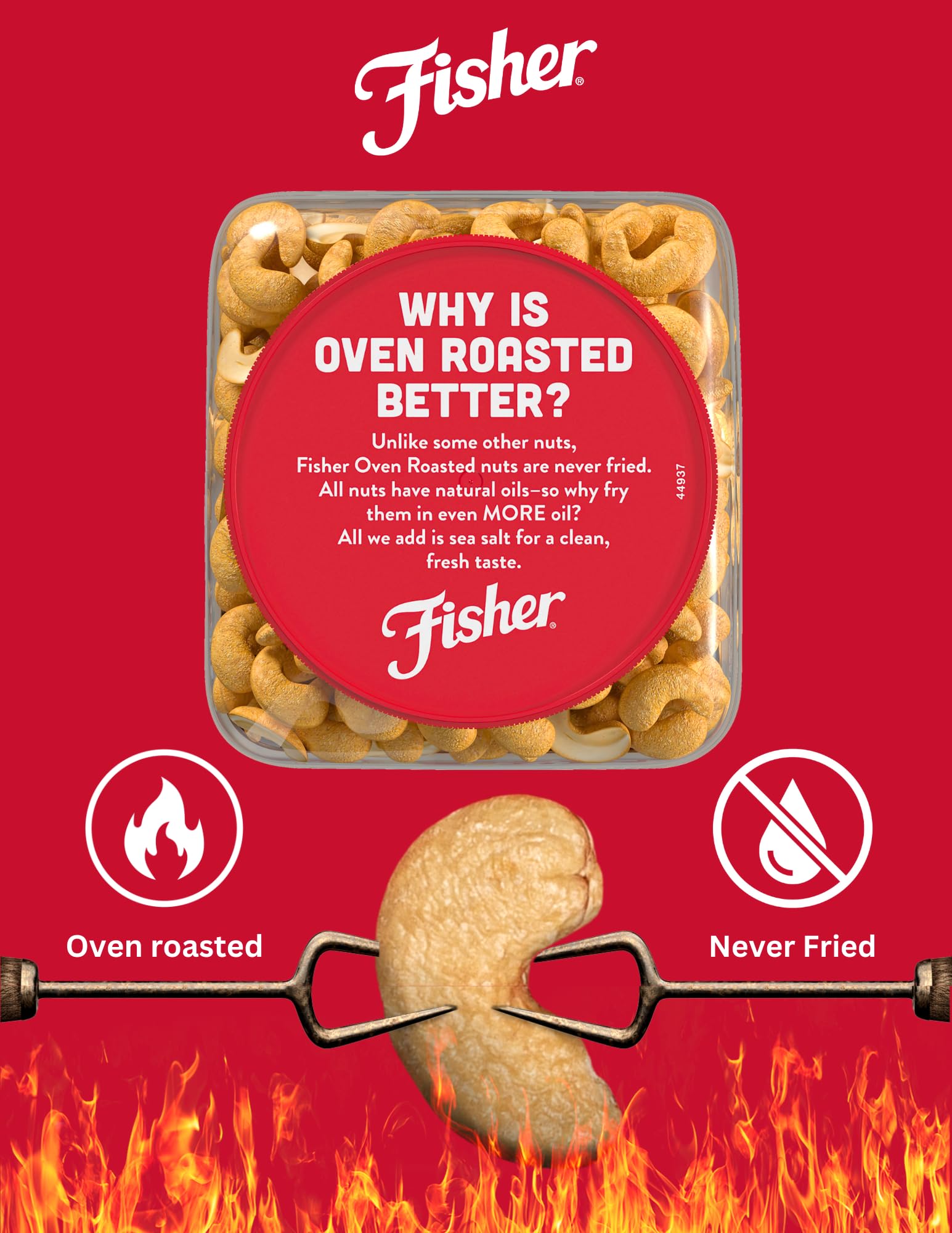 CHEF'S NATURALS open canister showing whole cashews for freshness benefit