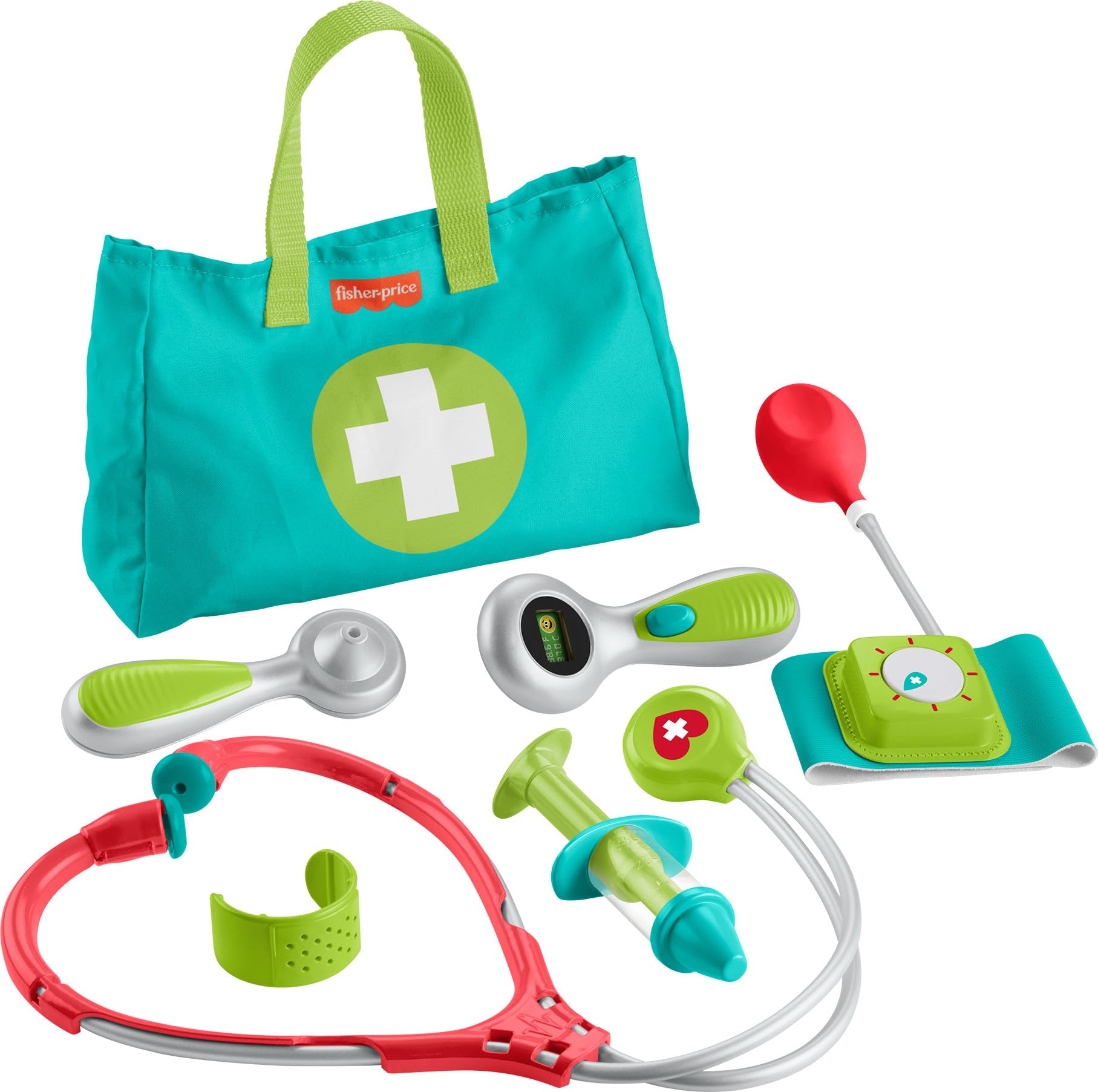 Fisher-Price front view of doctor bag showing all seven pieces and easy storage benefit
