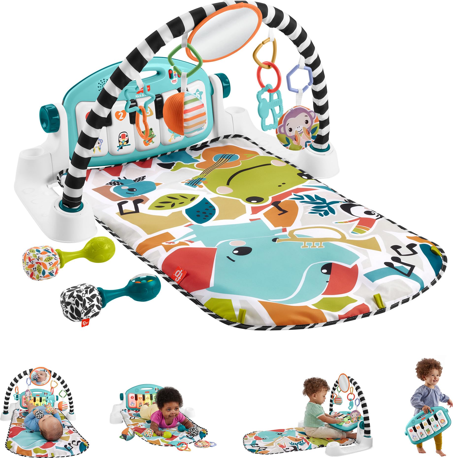 Fisher-Price front view of blue Kick & Play piano gym showing full setup and benefits