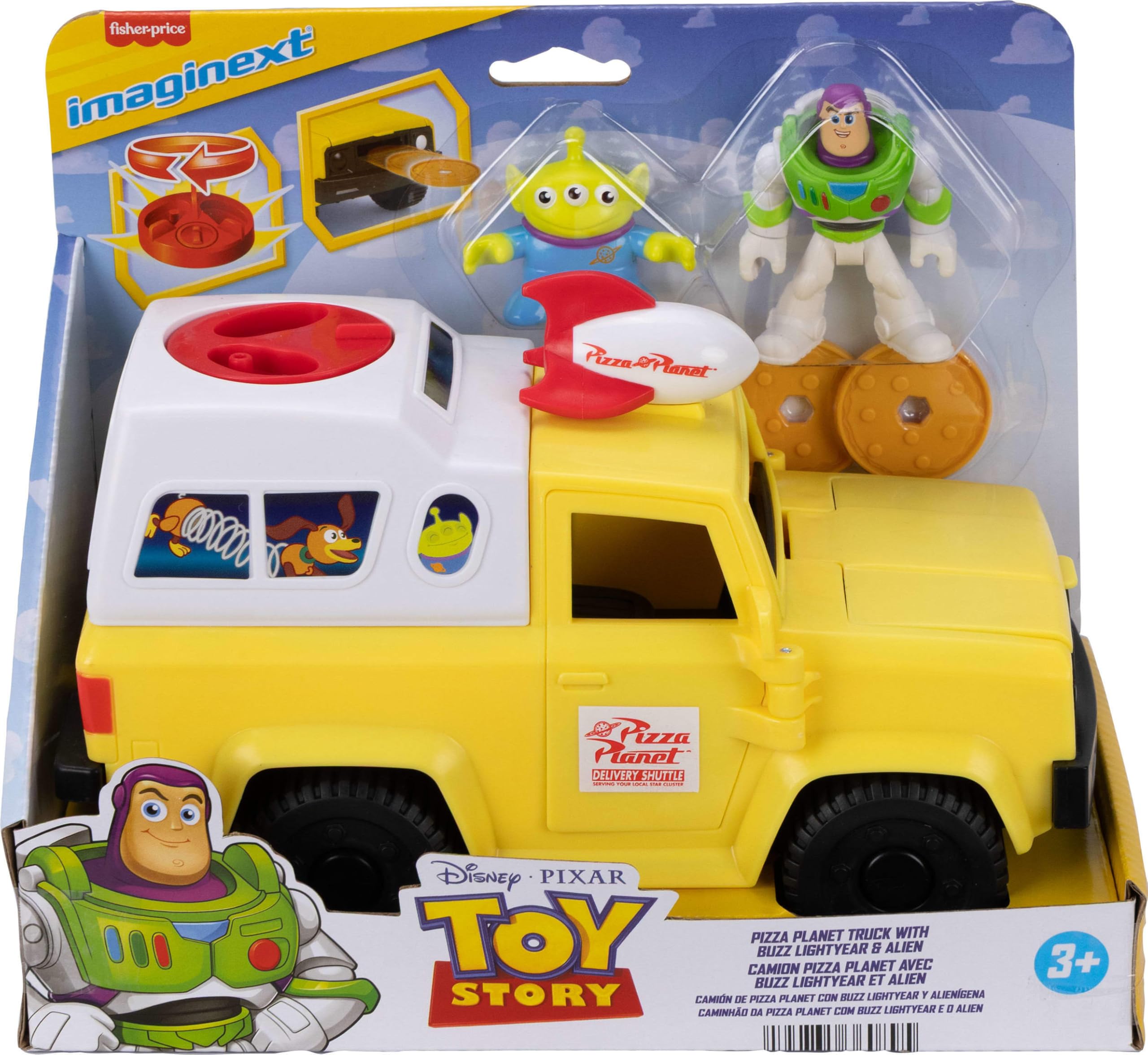 Fisher-Price lifestyle scene of child playing with Pizza Planet truck, promoting active creative play