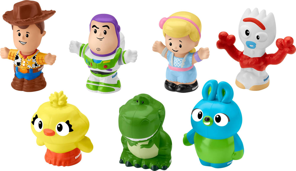 Fisher-Price figures next to a coin showing scale and handheld size benefit for toddlers