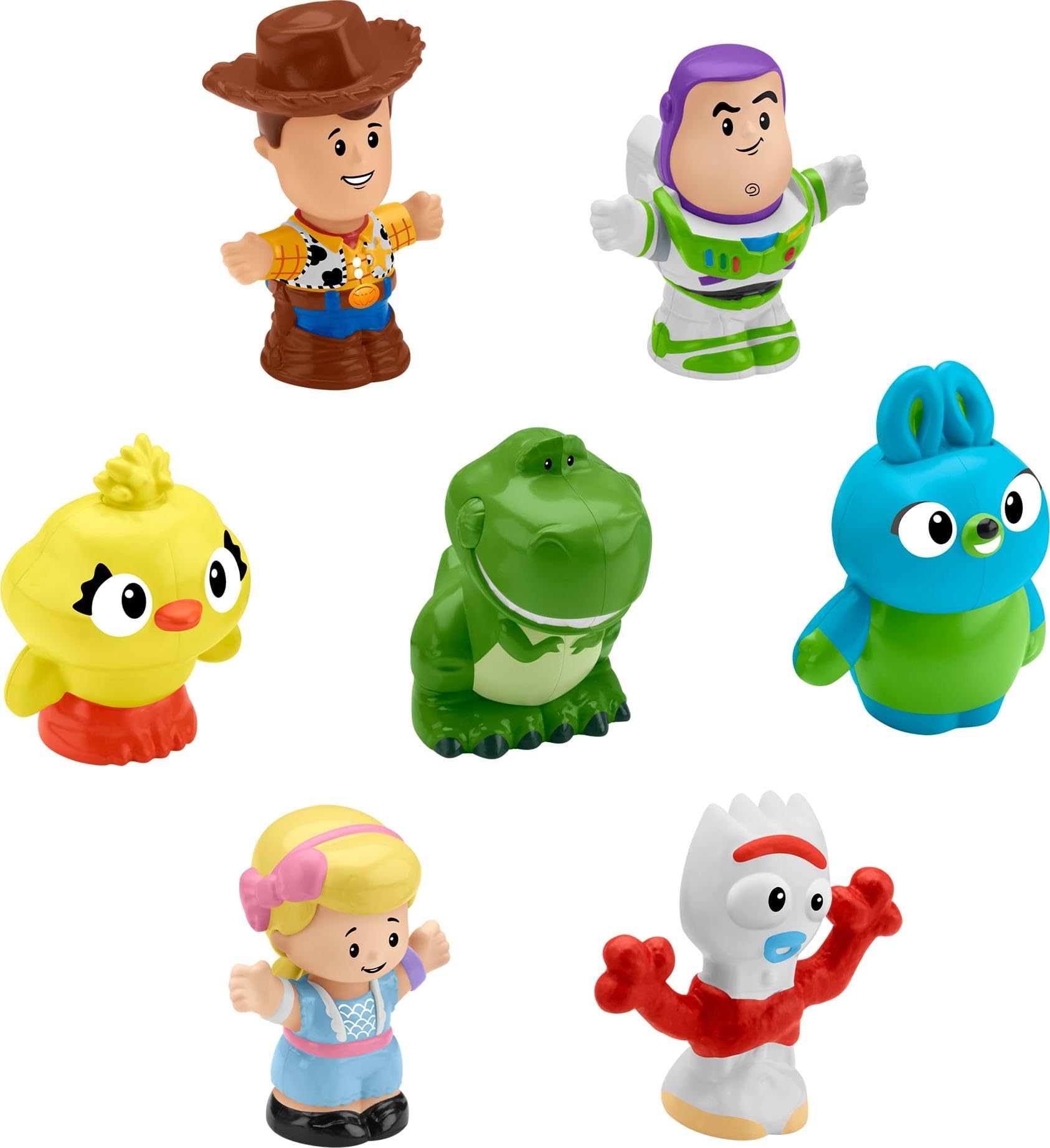 Fisher-Price front packaging showing all seven Toy Story figures and clear toy ID benefit