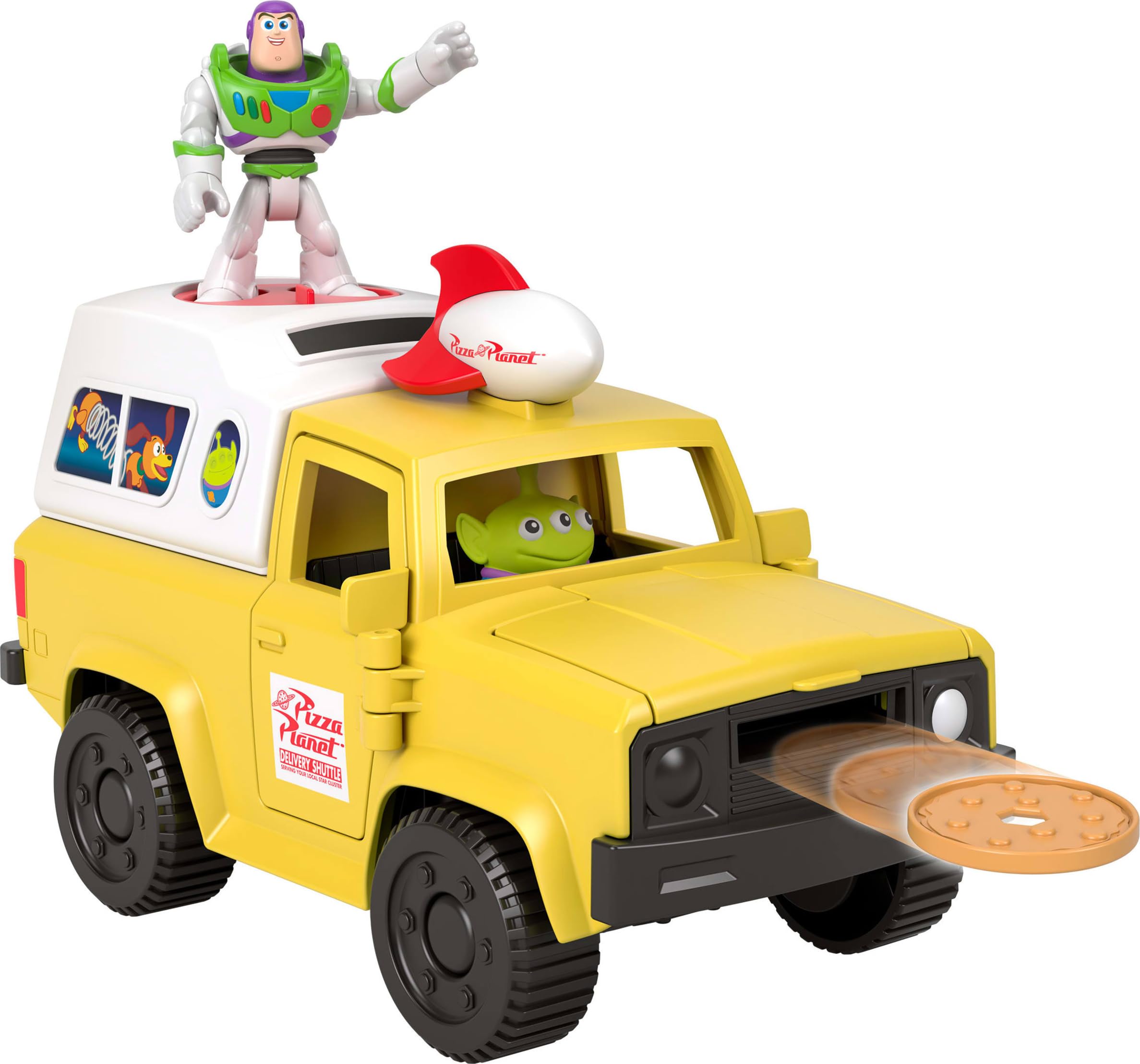 Fisher-Price Pizza Planet truck front view showing rolling wheels and character cab for imaginative play