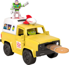 Fisher-Price Pizza Planet truck front view showing rolling wheels and character cab for imaginative play