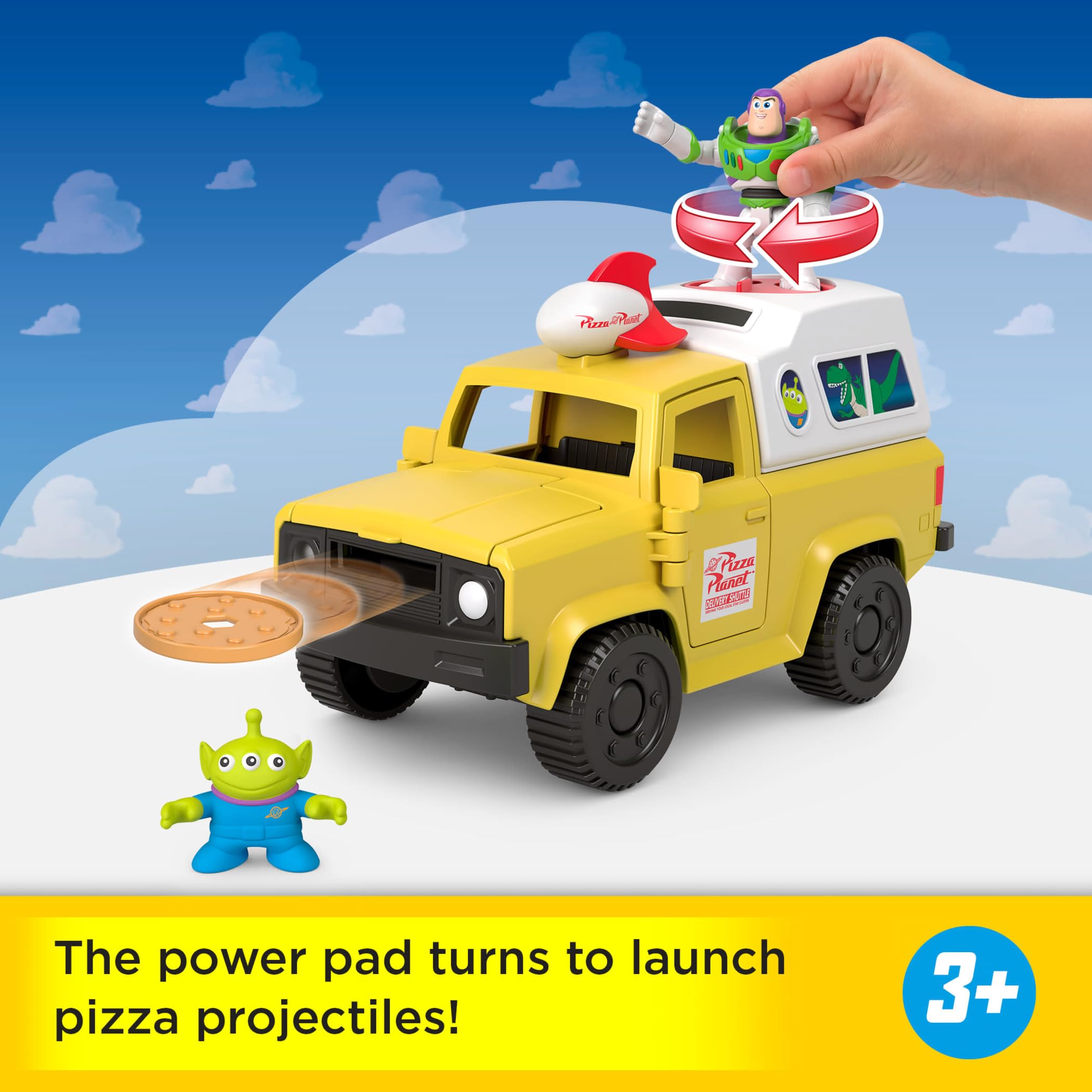 Fisher-Price Pizza Planet truck hood launcher detail showing red power pad and pizza projectile action