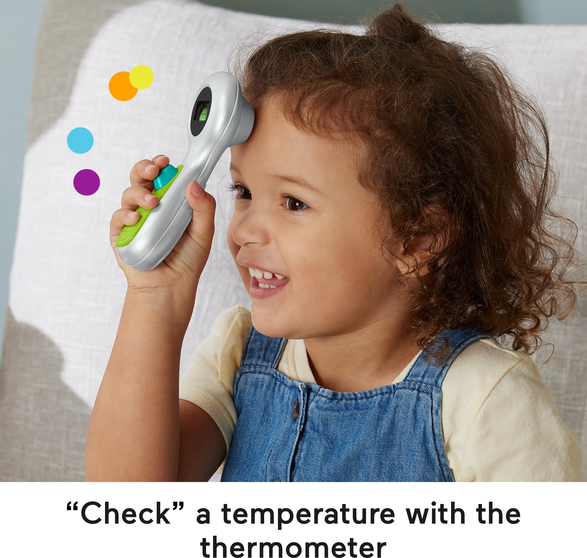 Fisher-Price thermometer detail showing push button that supports interactive storytelling