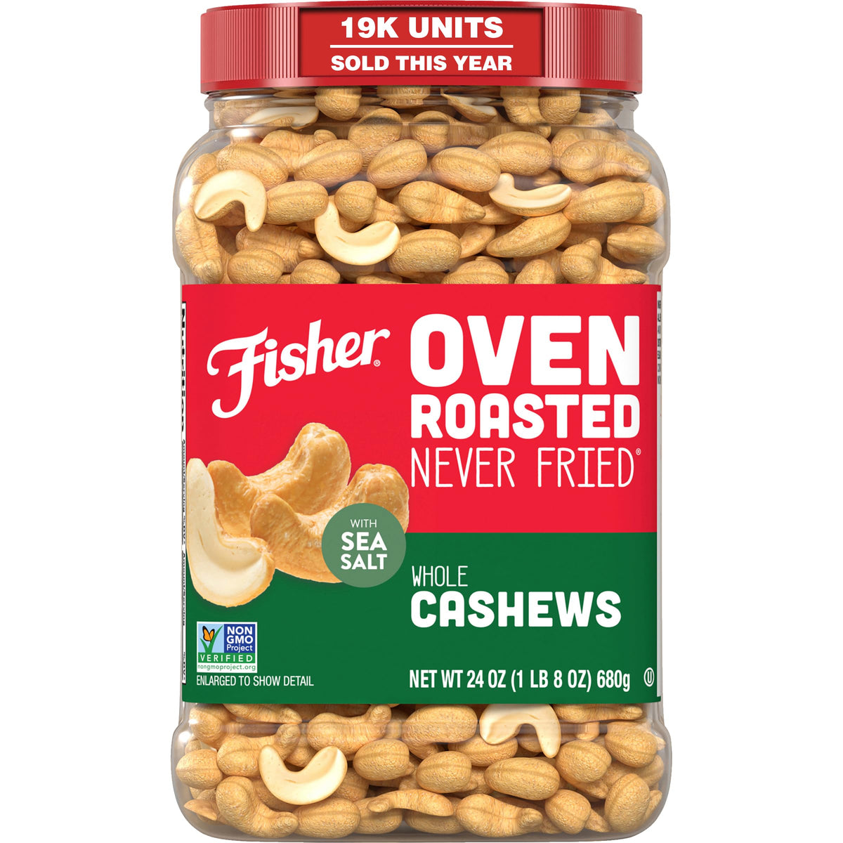 CHEF'S NATURALS front canister showing 24 oz cashews and brand benefit