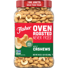 CHEF'S NATURALS front canister showing 24 oz cashews and brand benefit