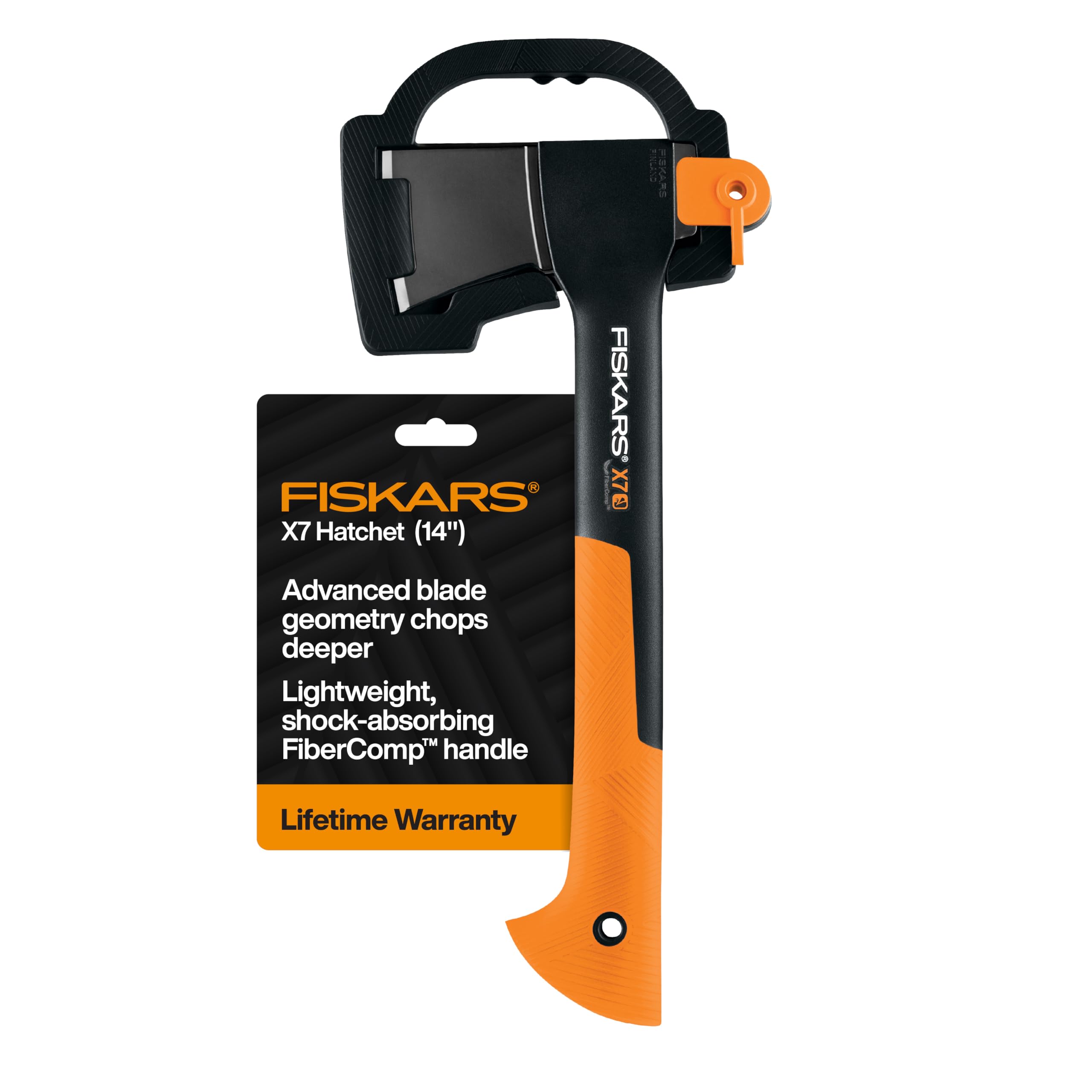Fiskars X7 front view showing compact hatchet for efficient chopping