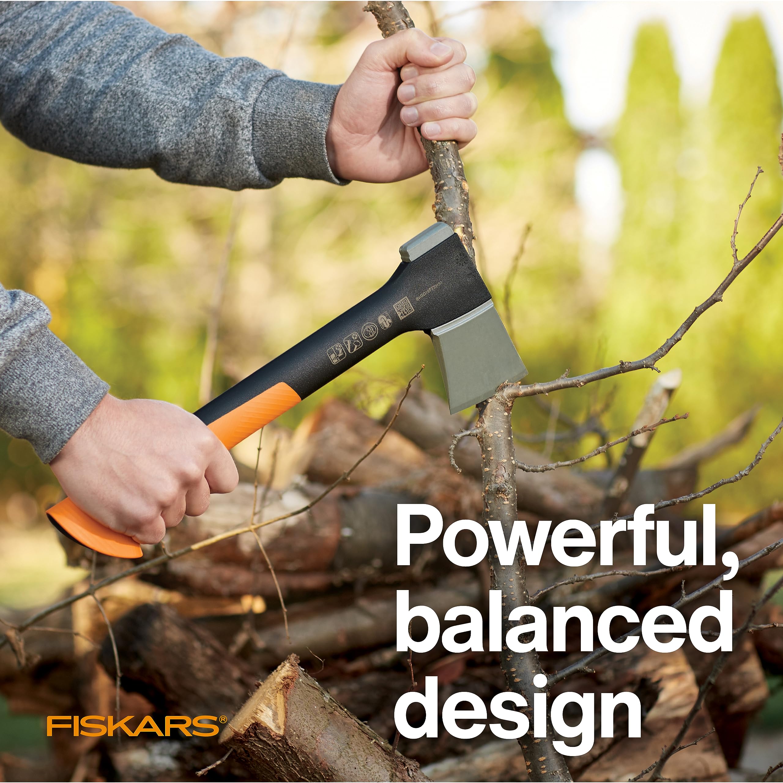 Fiskars X7 handle detail showing FiberComp grip for reduced shock