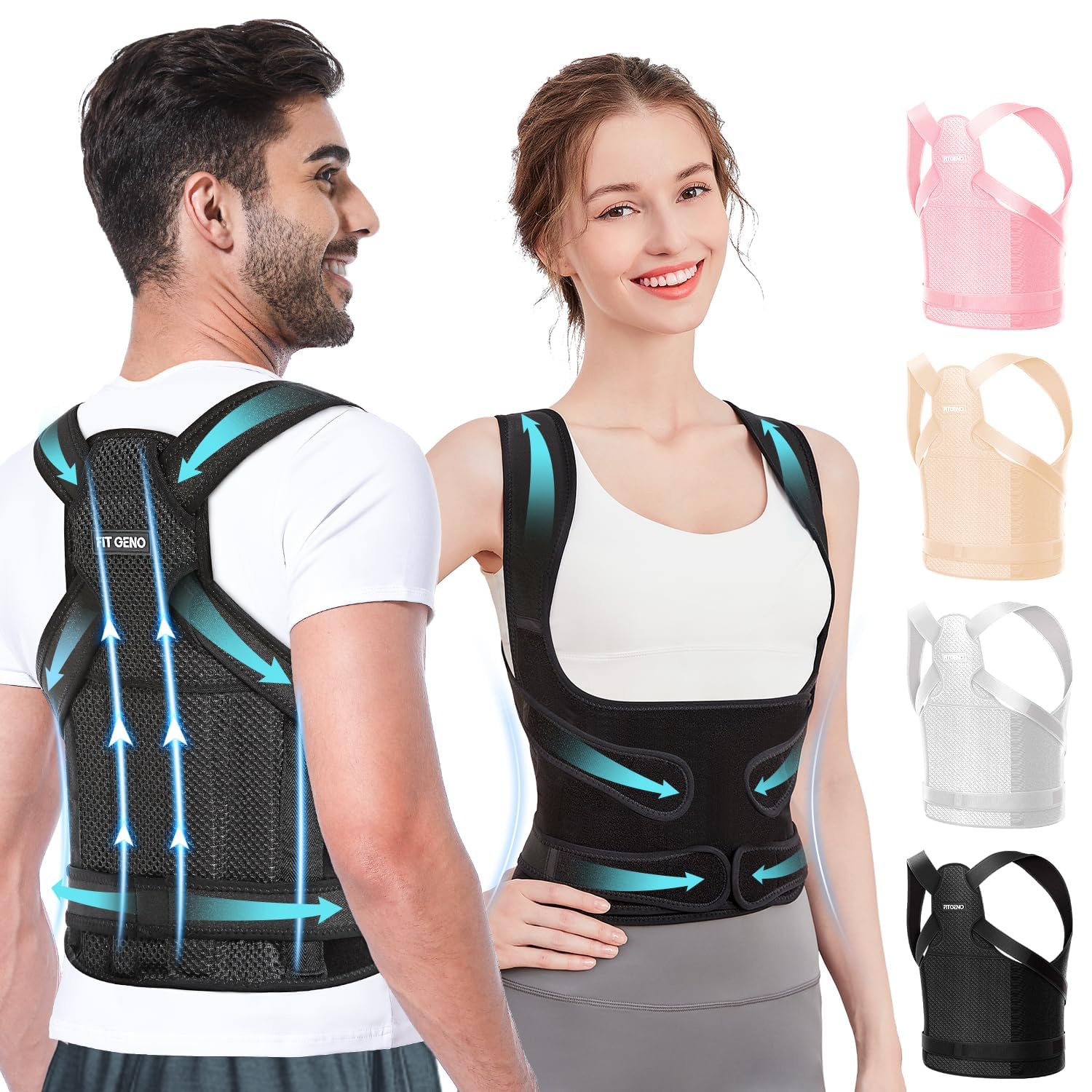Fit Geno front view of posture brace showing full back support benefits