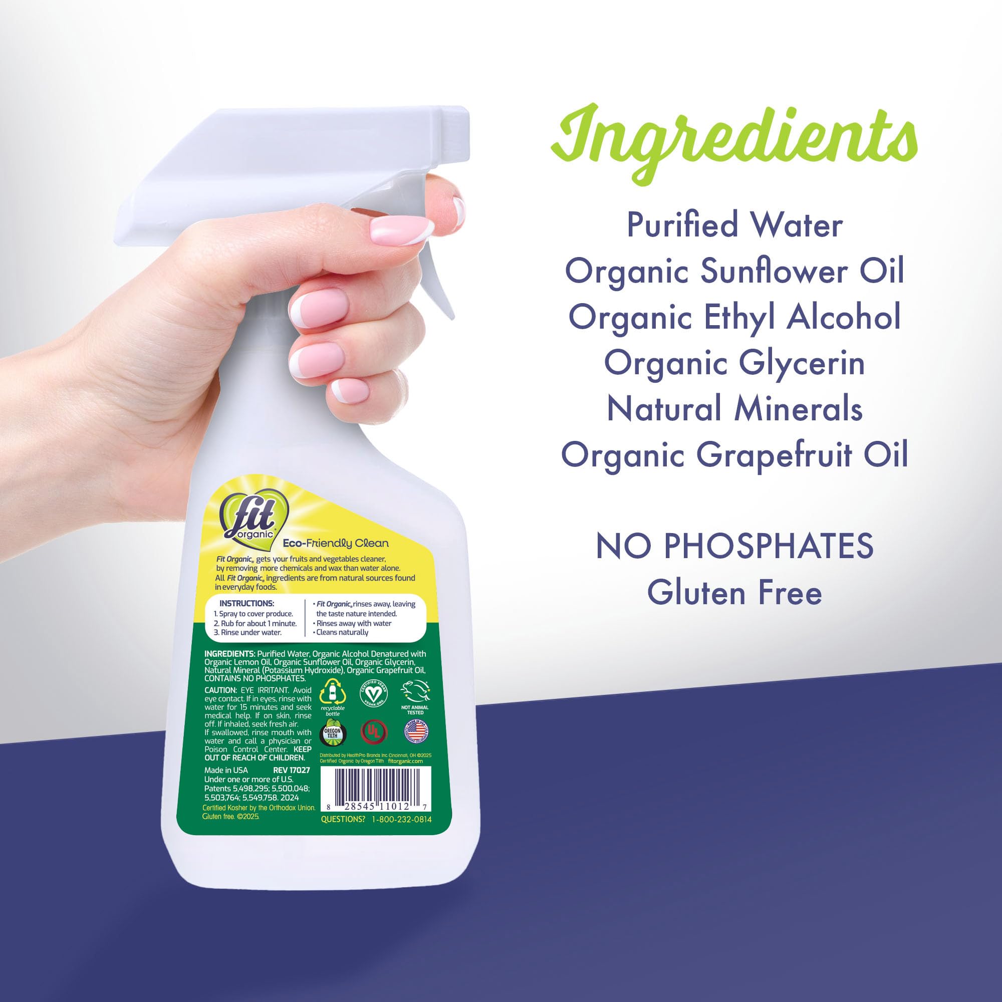 Fit Organic being sprayed on vegetables in a home kitchen for quick cleaning