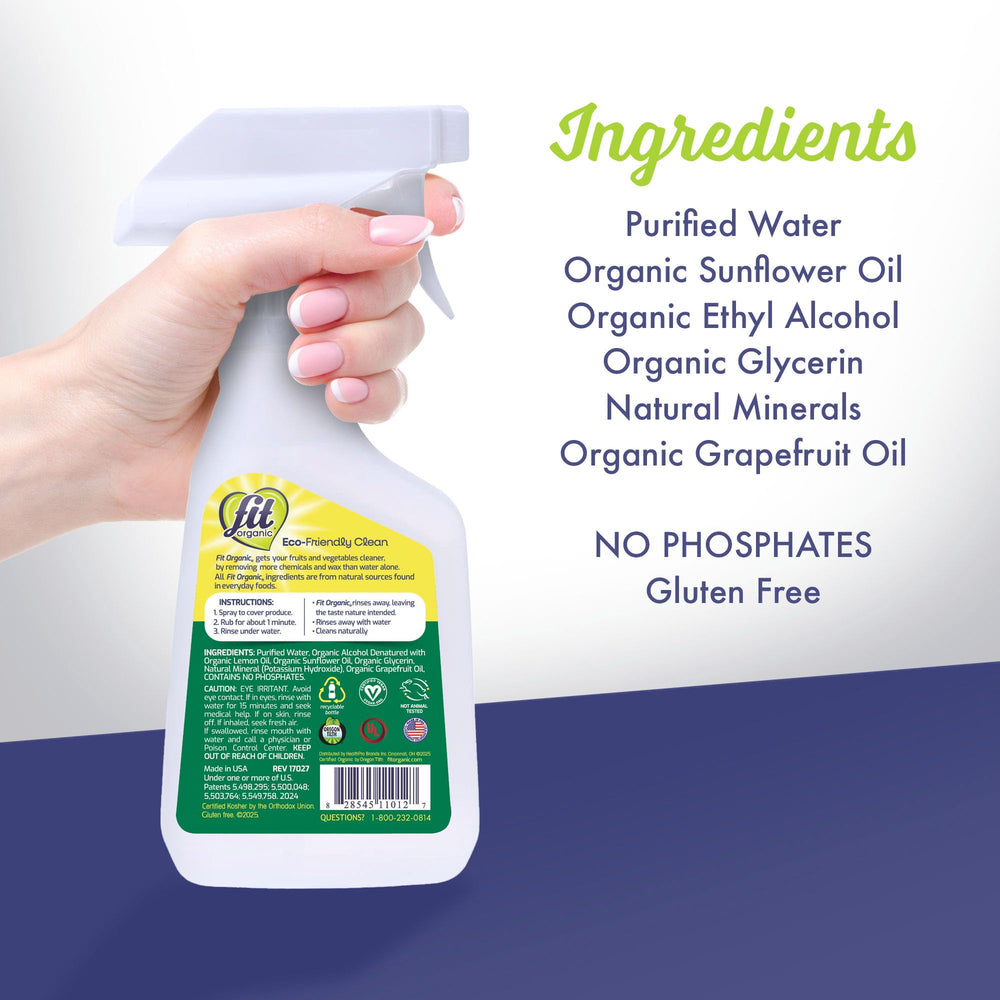 Fit Organic being sprayed on vegetables in a home kitchen for quick cleaning