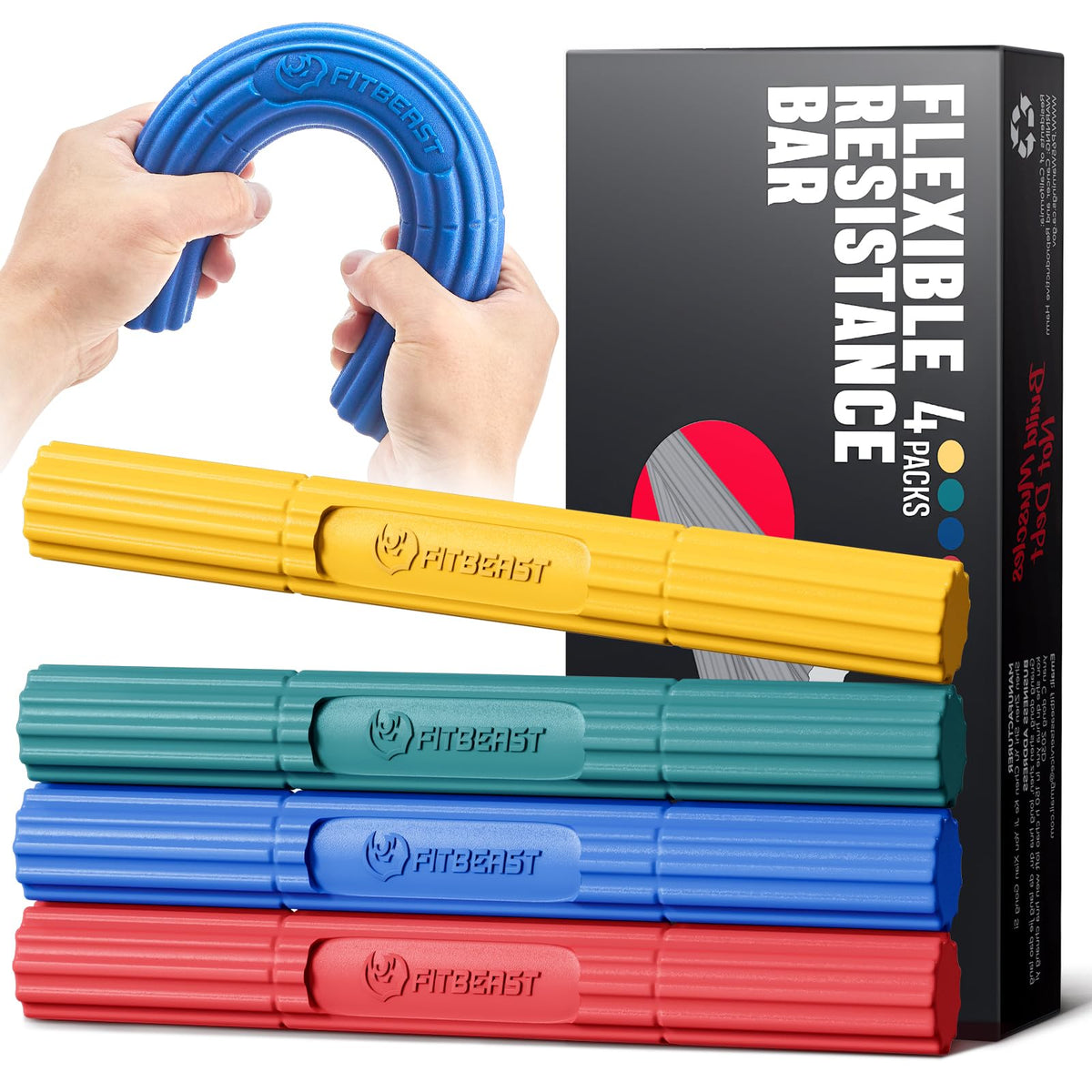 FitBeast front packaging showing four colored rehab bars and guide for easy selection