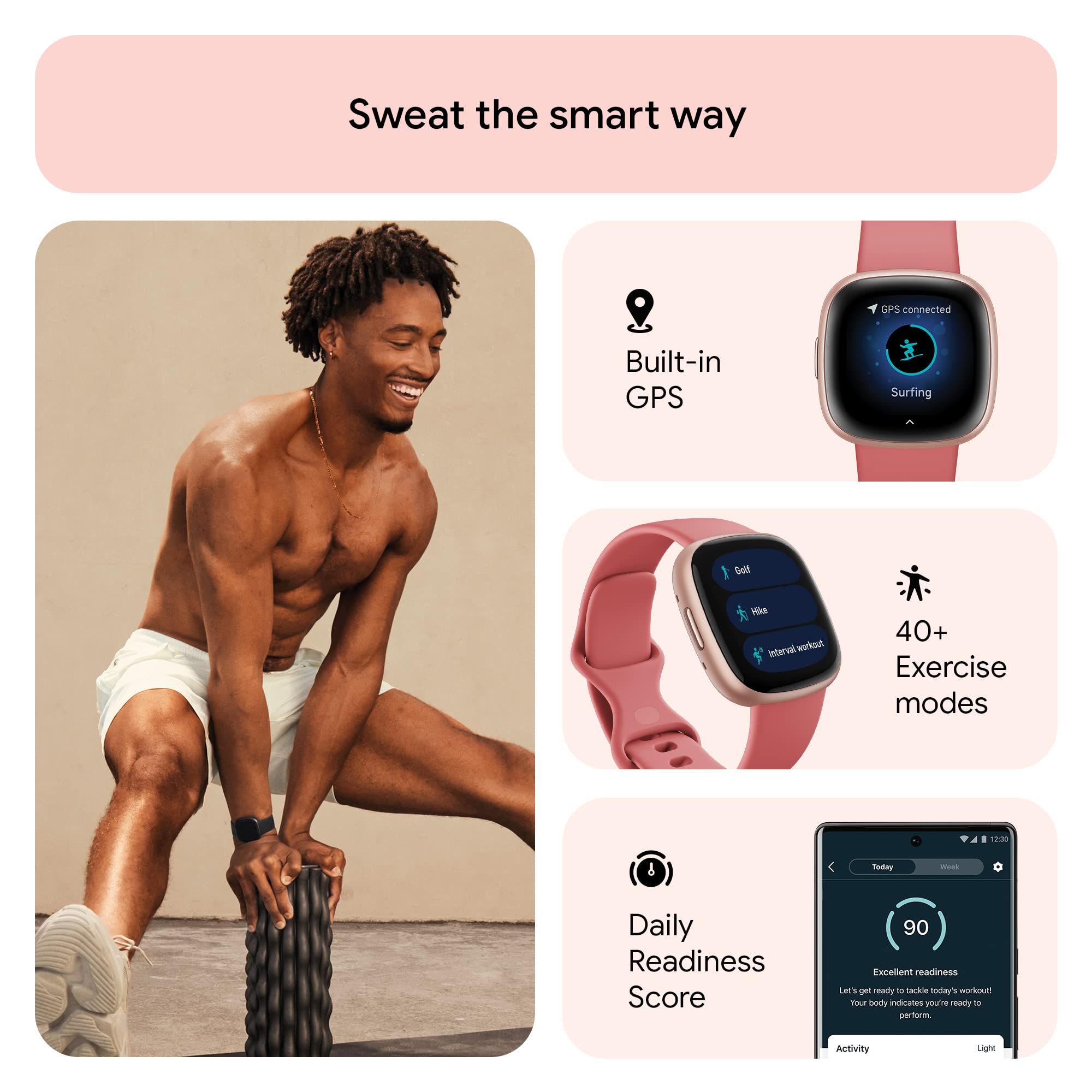 Fitbit Versa 4 side profile highlighting copper rose button and durable build