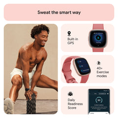 Fitbit Versa 4 side profile highlighting copper rose button and durable build