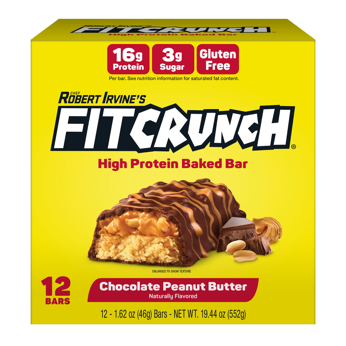 FitCrunch front packaging showing chocolate peanut butter flavor and benefits